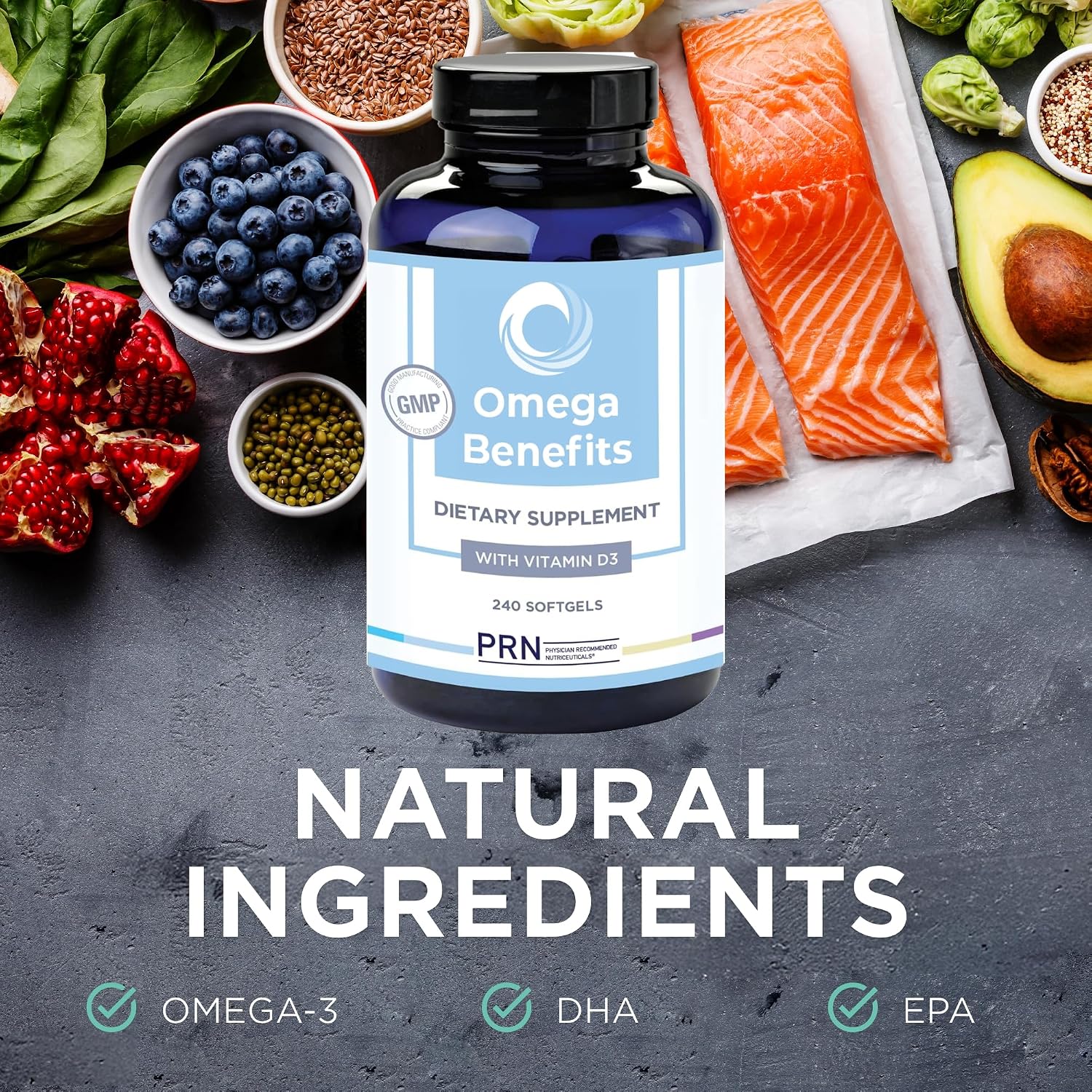 PRN rTG Omega 3 Supplement - 240 Softgels, 60-Day Supply | Fish Oil Omega 3 Supplements with 1680 mg EPA & 560 mg DHA, Omega-3 + Vitamin D for Skin, Joint, Brain, Eye & Heart Health