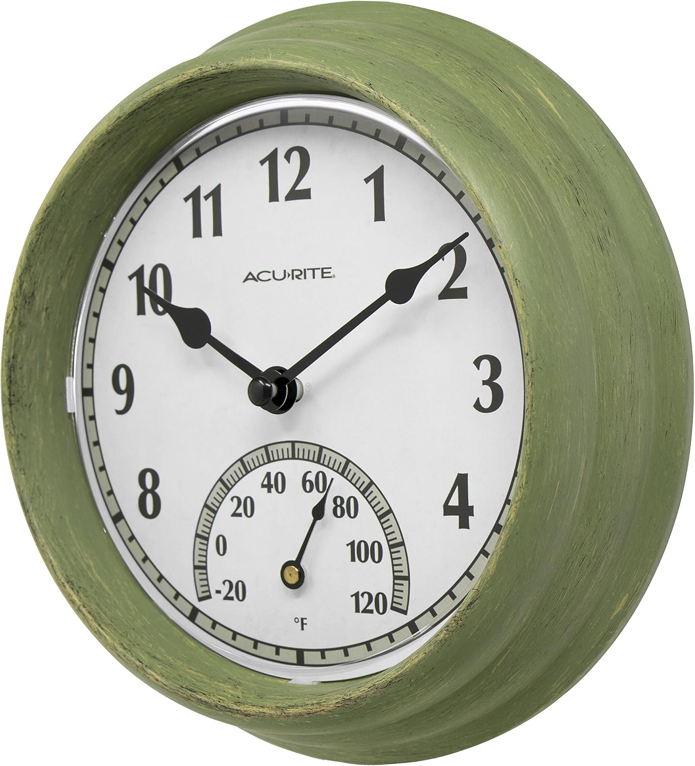 AcuRite 02470 Rustic Green Outdoor Clock with Thermometer, 8.5"