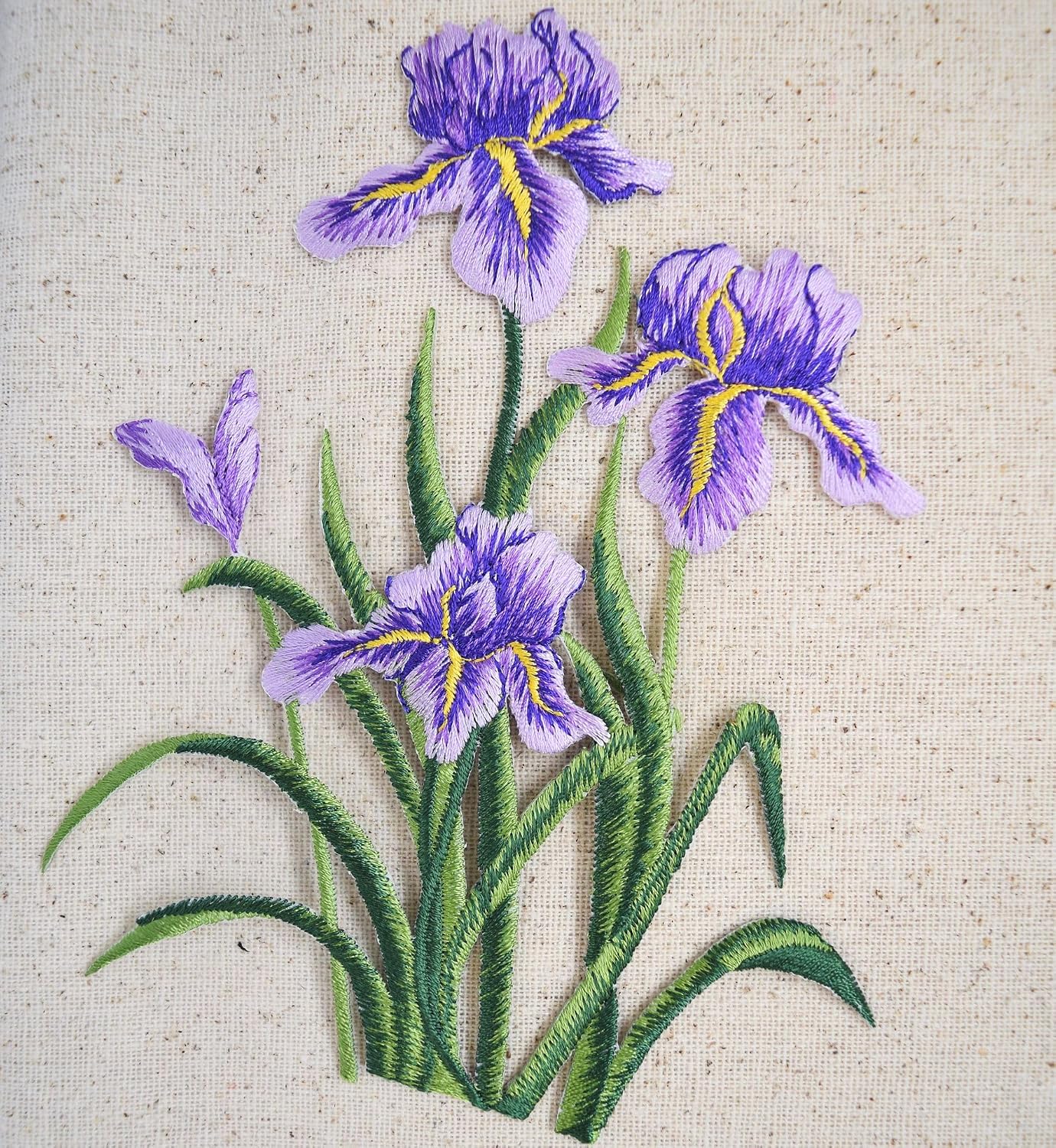 Purple Iris Flower Iron On Patch, Large Embroidered Floral Applique for Jackets, Denim, Backpacks & Crafts, 6 inch Tall x 4.62 inch Wide