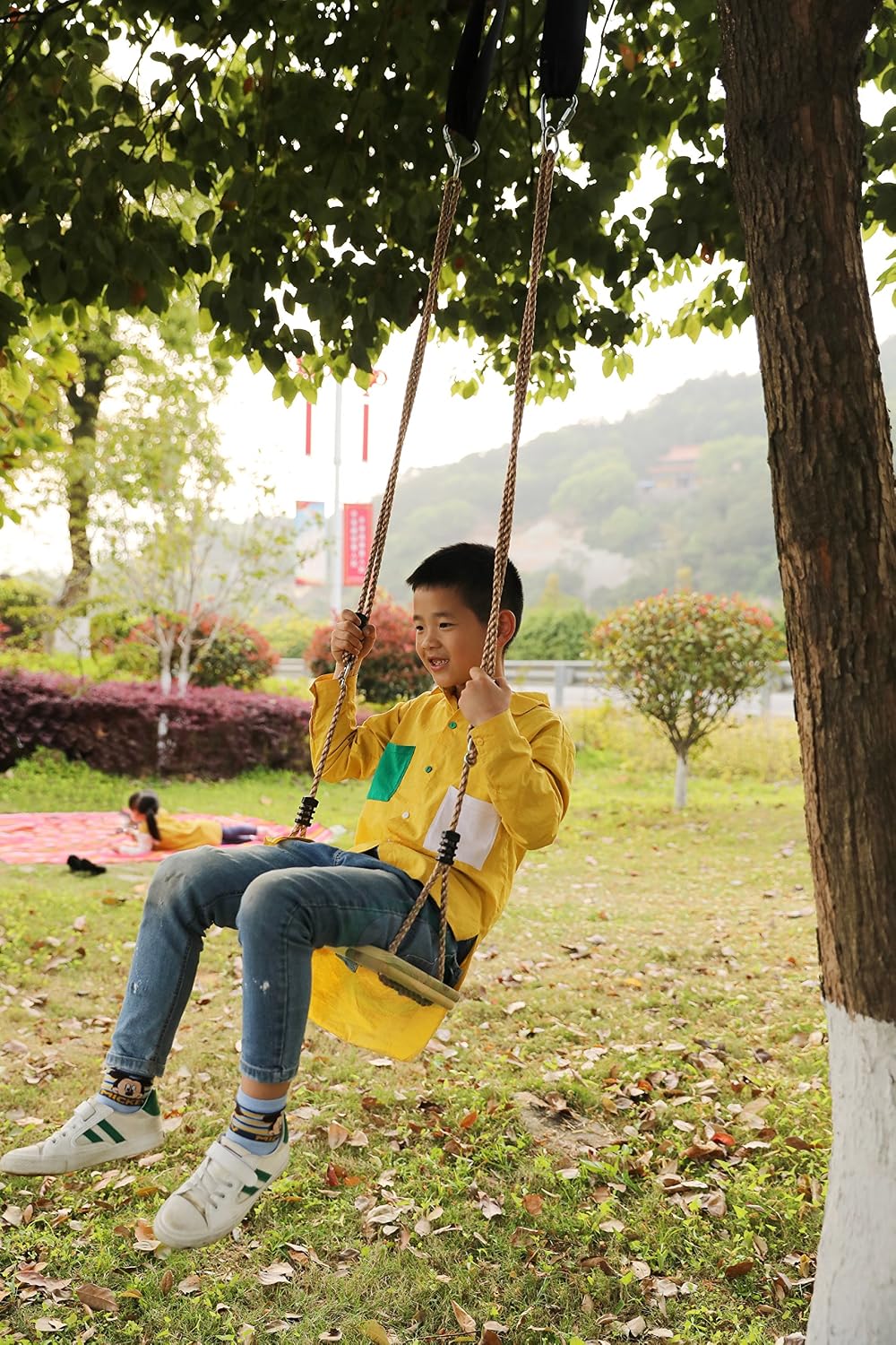 PLAYBERG Outdoor Wooden Tree Swing with Hanging Ropes