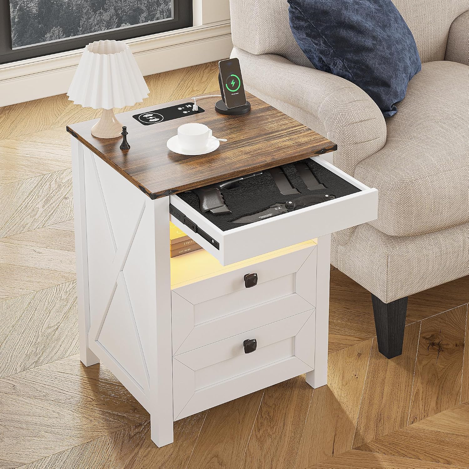 Farmhouse LED Nightstand with Gun Drawer&Invisible Lock,Modern Bedside Table with Human Sensor Design,Rustic Side Table with Wireless Charging for Living Room, Dark Oak
