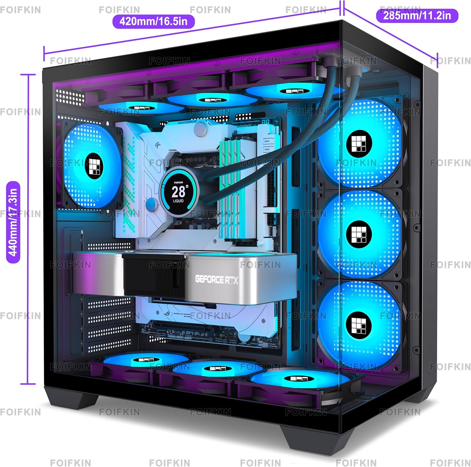 FOIFKIN F600 PC Case - Pre-Installed 7 PWM ARGB Fan, ATX Mid-Tower Gaming PC Case, 270° Panoramic Glass with Type-C, FOIFKIN (Black, F600)