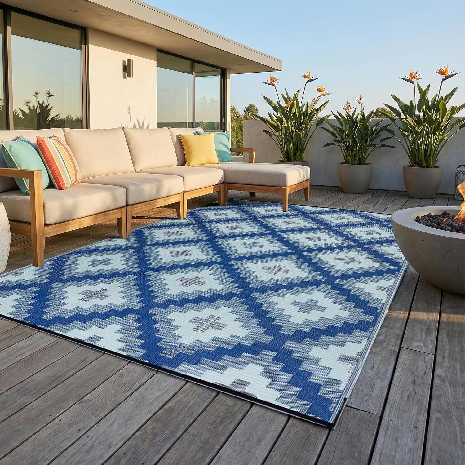 FH Home Outdoor Camping Rug - Waterproof, Fade Resistant, Reversible - Premium Recycled Plastic - Striped - Large Patio, Deck, Sunroom