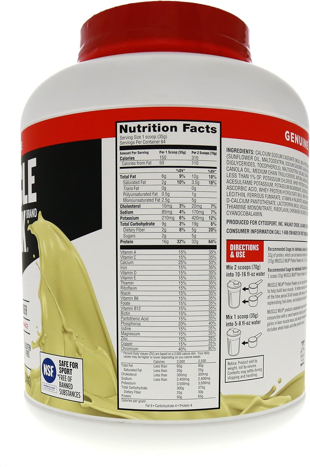 Muscle Milk Genuine Protein Powder, Chocolate, 4.94 Pound, 32 Servings, 32g Protein, 2g Sugar, Calcium, Vitamins A, C & D, NSF Certified for Sport, Energizing Snack, Packaging May Vary