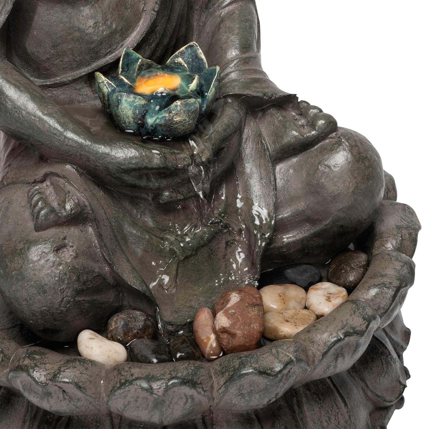 Alpine Corporation GEM178 Indoor Tabletop Meditating Buddha Water Fountain with LED Lights and Lotus Flower, 19", Beige