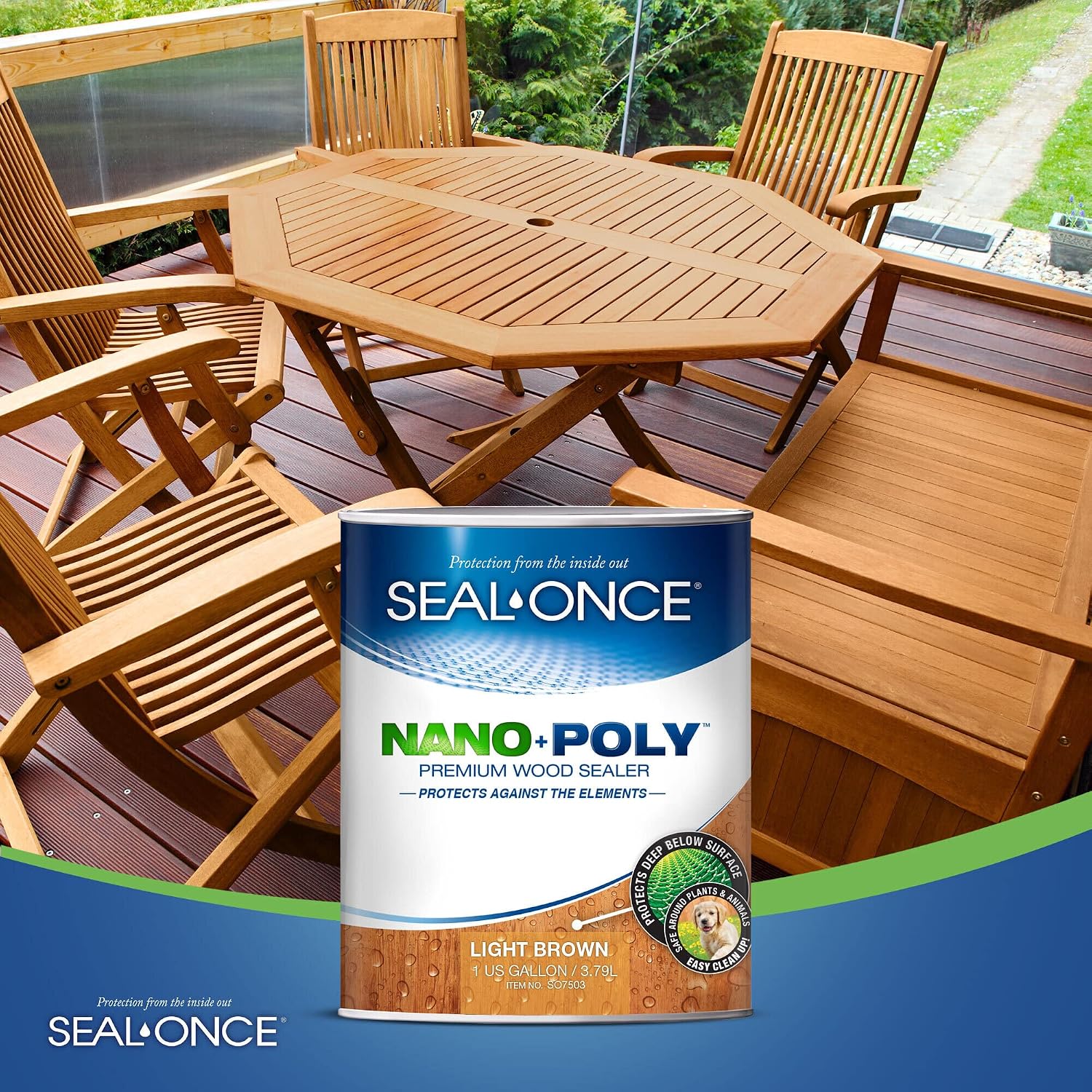 Seal-Once Nano+Poly Wood Sealer and Waterproofer, Clear, 1 Gallon | With Polyurethane, Water-based, Low-VOC, Waterproofer & Stain, For Decks, Fences & Log Homes