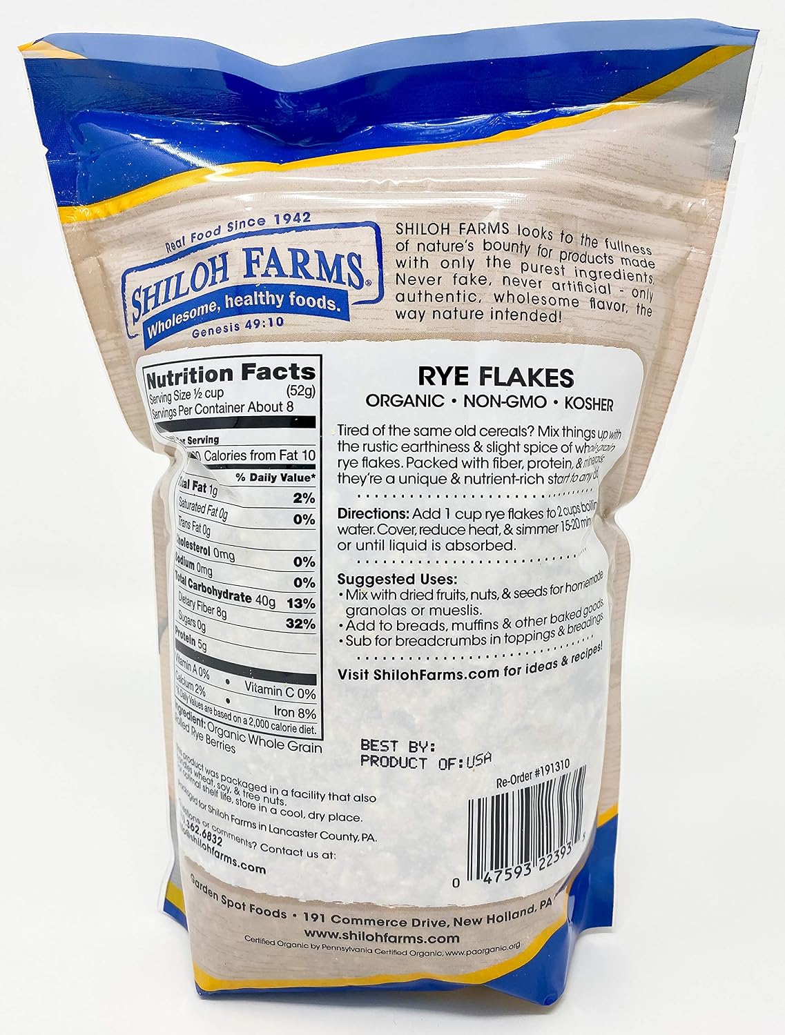 Shiloh Farms - Organic Non GMO Rye Flakes 15 ounces - 2 Pack