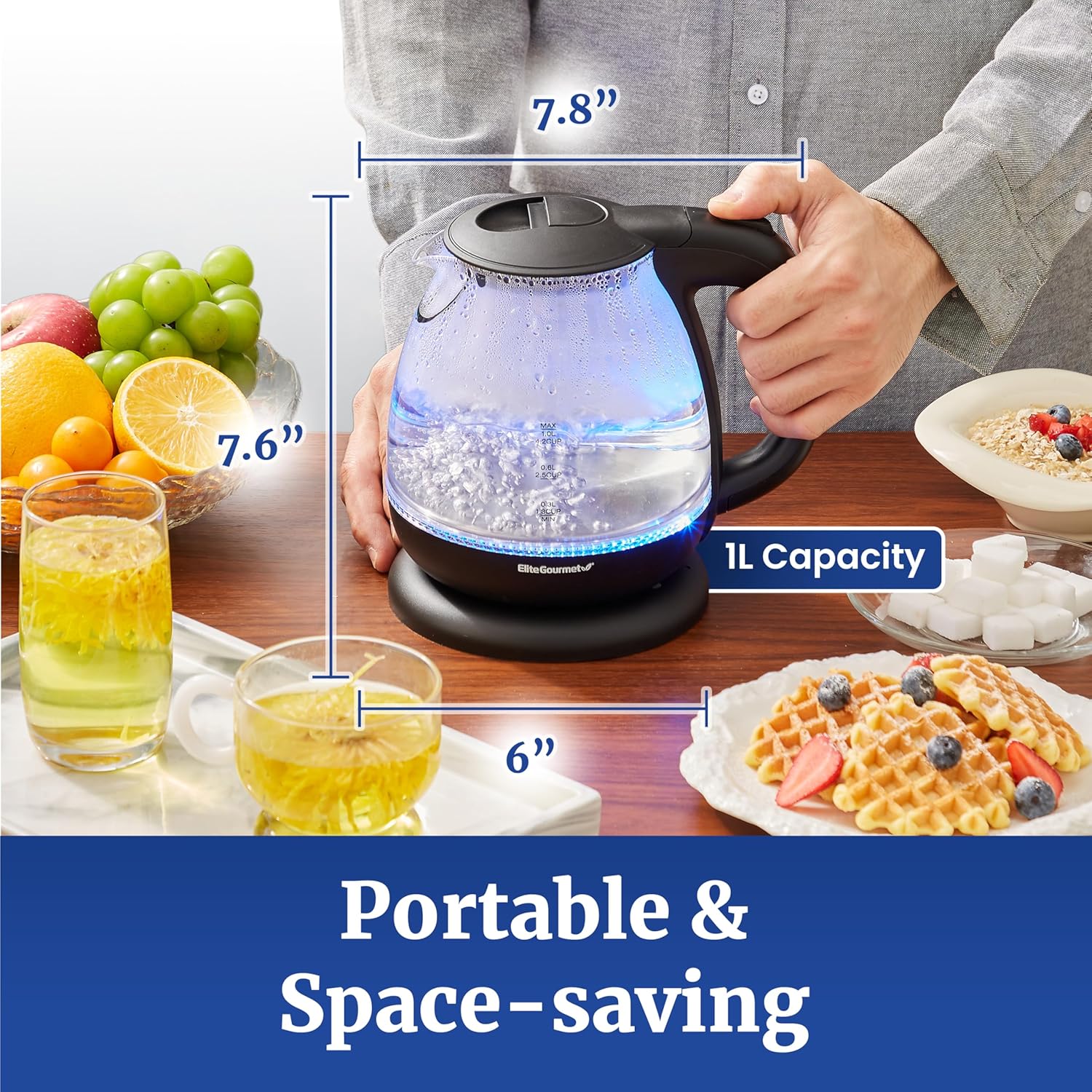 Elite Gourmet EKT1001 1.0L Glass Kettle, 1100W, Cordless Base, Black
