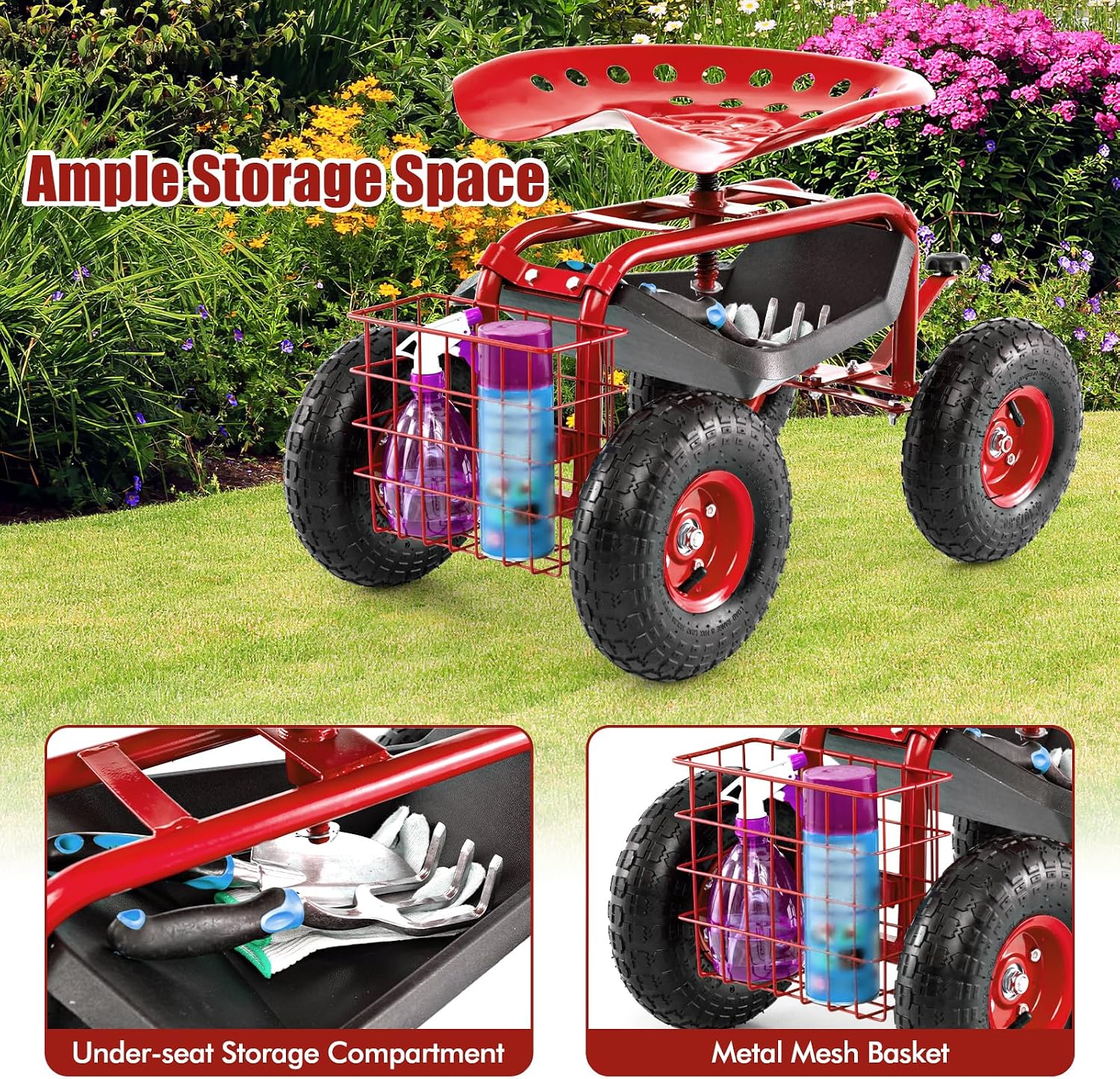 Goplus Rolling Garden Cart with Seat, Outdoor Garden Stool with Wheels, Tool Tray & Basket, Adjustable Steering Handle