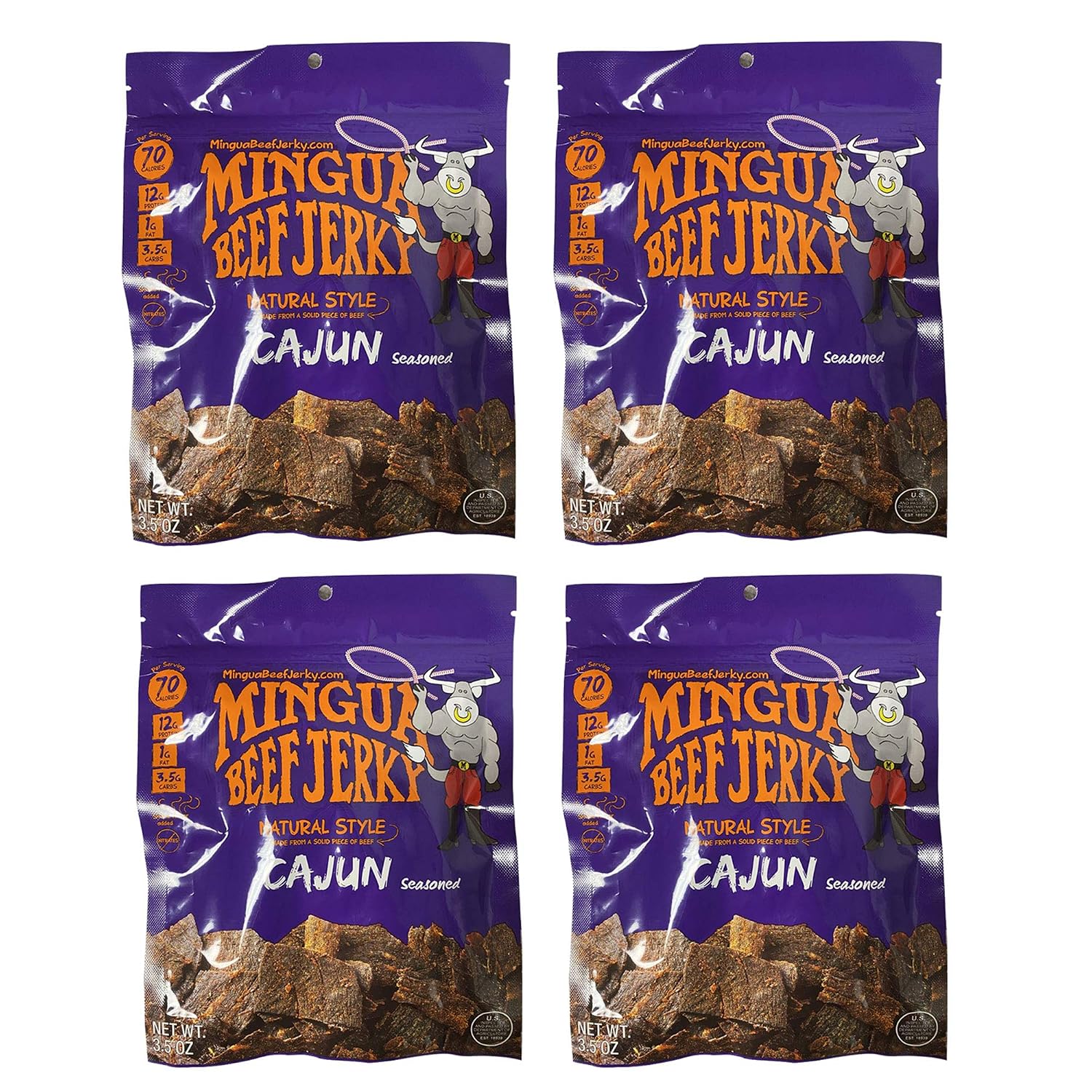 Mingua Beef Jerky Cajun-Seasoned - Nitrite-Free Spicy Beef Jerky - 100% US Beef, Four 3.5-Ounce Bags