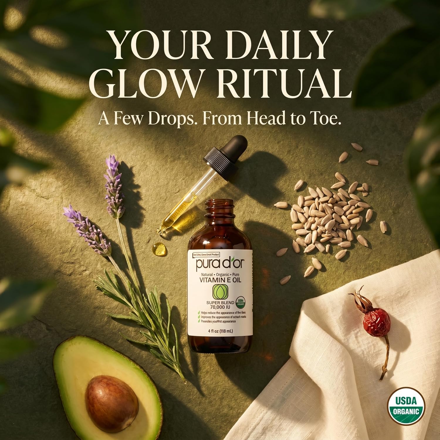 PURA D'OR Vitamin E Oil Botanical Blend, 4 fl oz | Ultra-Nourishing Hydration, USDA Certified, Jojoba, Argan, Almond, Avocado, Body Massage, Cuticles