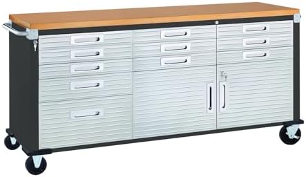 Seville Classics UltraHD Heavy Duty Rolling Cabinet Workbench Table w/Solid Wood Top, Workstation for Garage, Warehouse, Office, Workshop, 77" W x 20" D x 37.5" H, Graphite, 11-Drawer