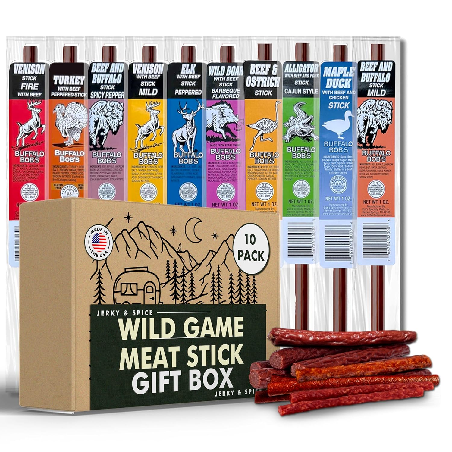 Jerky-n-Spice Wild Game Exotic Meat Sticks (10-Pack) | Ultimate Beef Jerky | Savory Snacks Variety Pack for Adults | Perfect Gifts for Anniversary, Camping, Hunting & Birthday Events