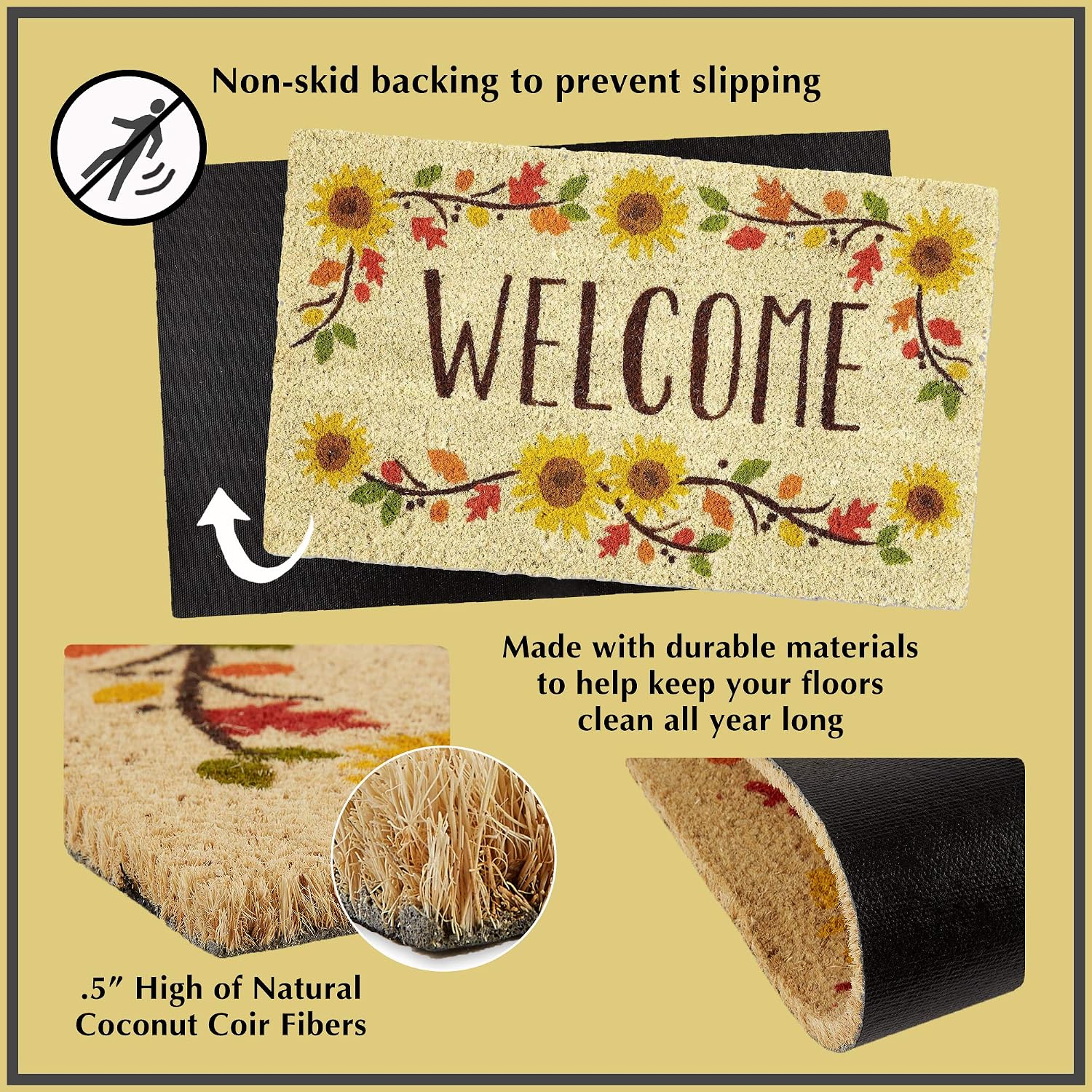 DII Floral Design Collection Natural Coir Doormat, 17x29, Palm Beach