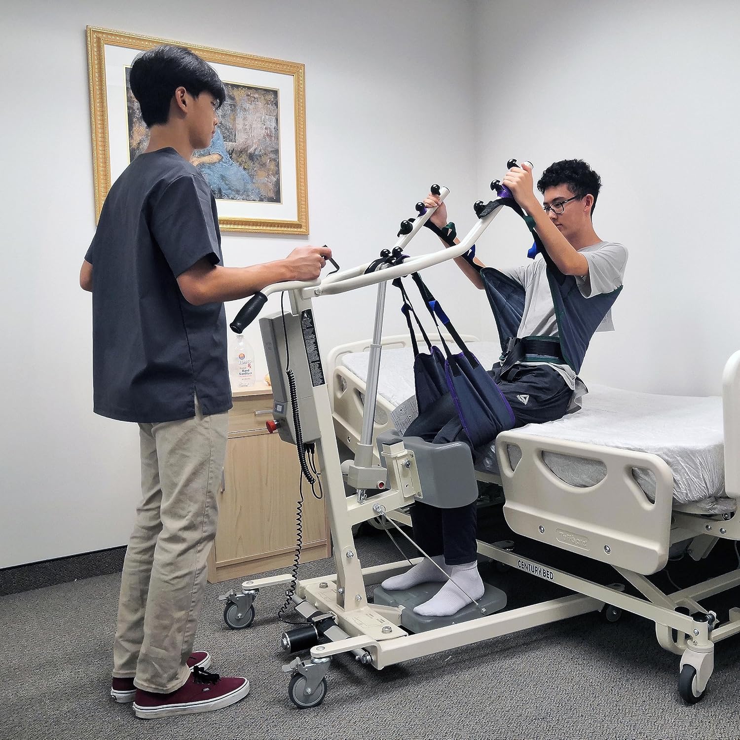 Stand Up Electric Patient Lift - Sit to Stand, Standing Lift, Rhino Lift with Manual Low Base - with Transport Sling (Large), 380 lb. Weight Capacity
