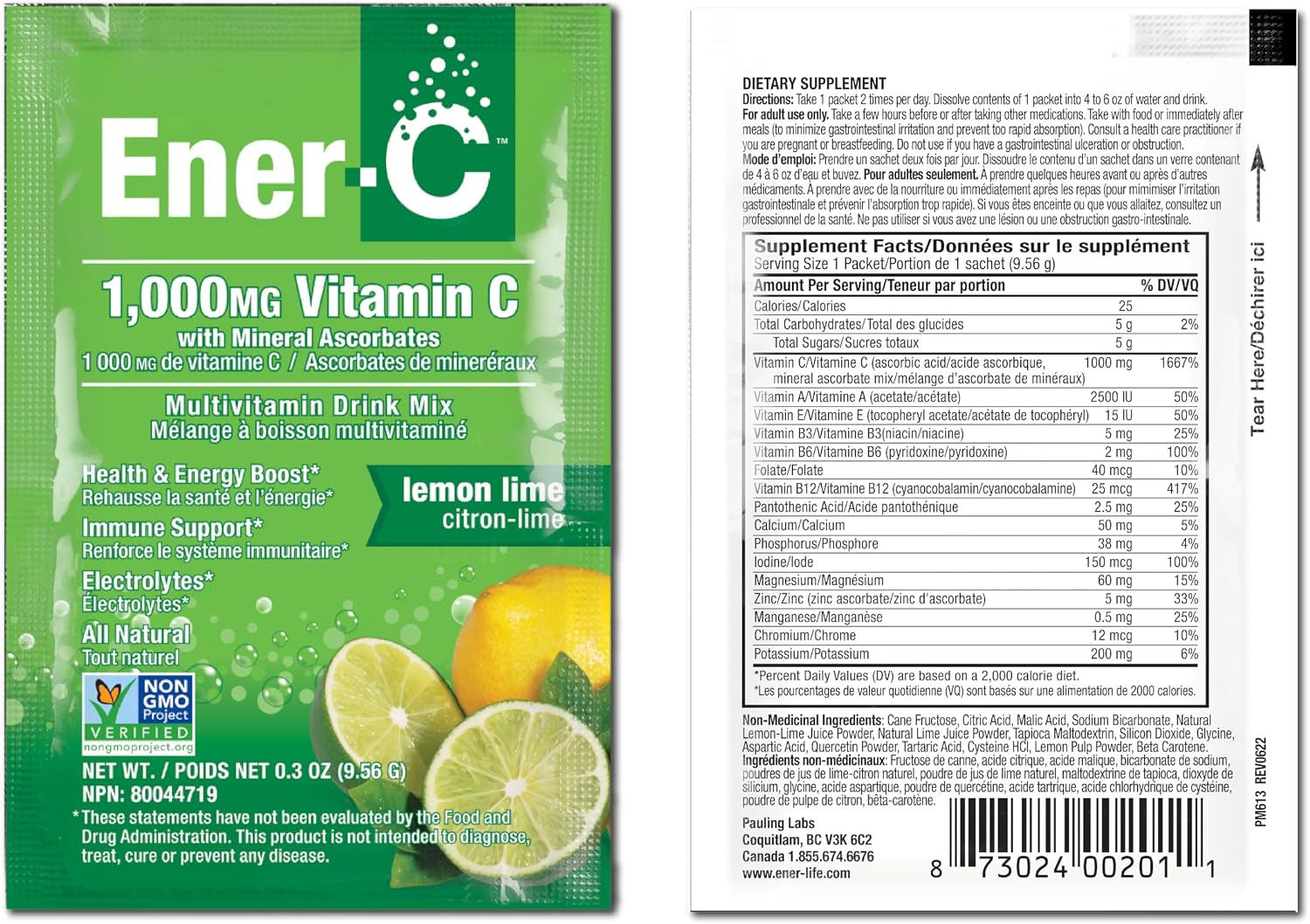 Ener-C Multivitamin Drink Mix, Electrolytes Powder - Lemon Lime, 60 Count | Vitamin Packets for Water, Vitamin Drink Mix, Hydration Liquid Mix