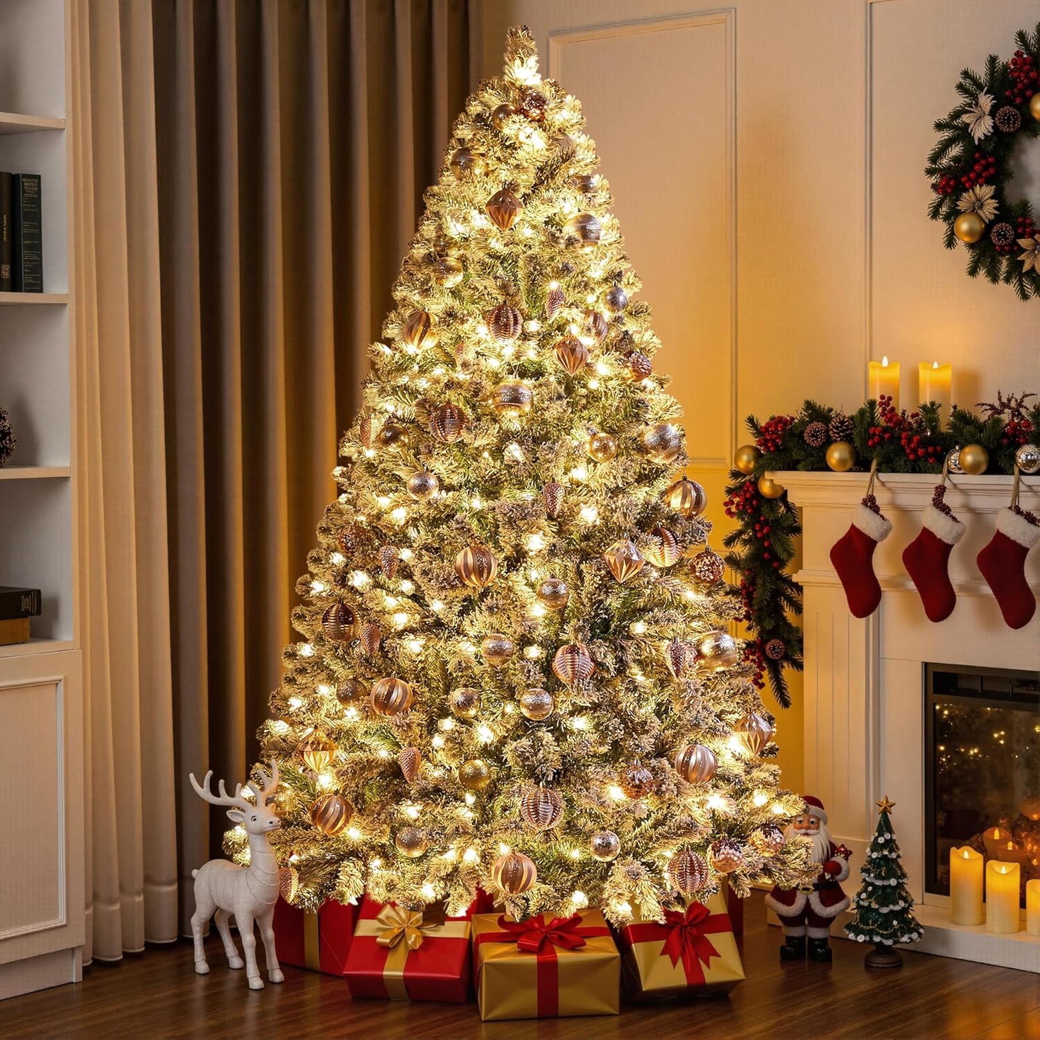 Yaheetech 7.5ft Pre-Lit Snow Flocked Artificial Christmas Tree, 550 Lights