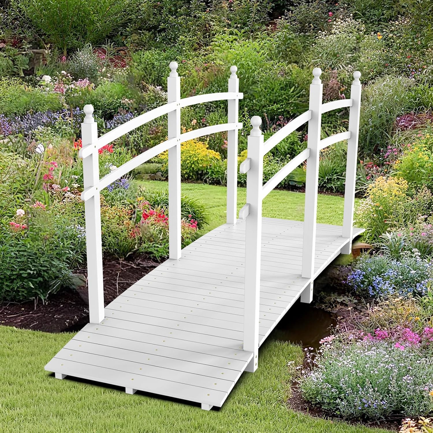 VINGLI 5 ft Garden Bridge, Classic Wooden Arch with Safety Rails Stained Finished Footbridge, Decorative Pond Landscaping, Backyard, Creek or Farm