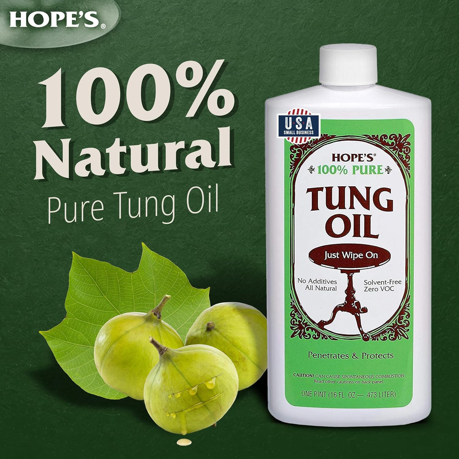 HOPE'S 100% Pure Tung Oil, Food Safe, Premium Waterproof Natural Wood Finish and Sealer for Indoor and Outdoor Projects,16 Fl Oz, 1 Pack