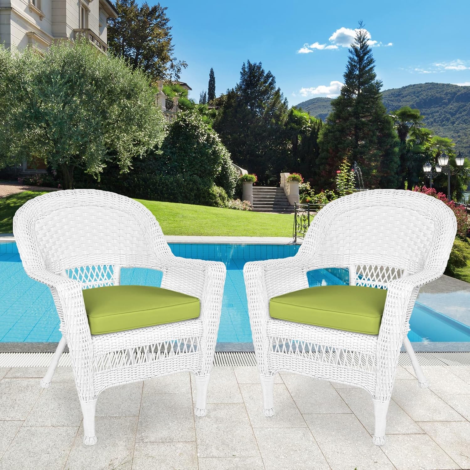 Jeco Wicker Chair with Green Cushion, Set of 2, White/W00206-