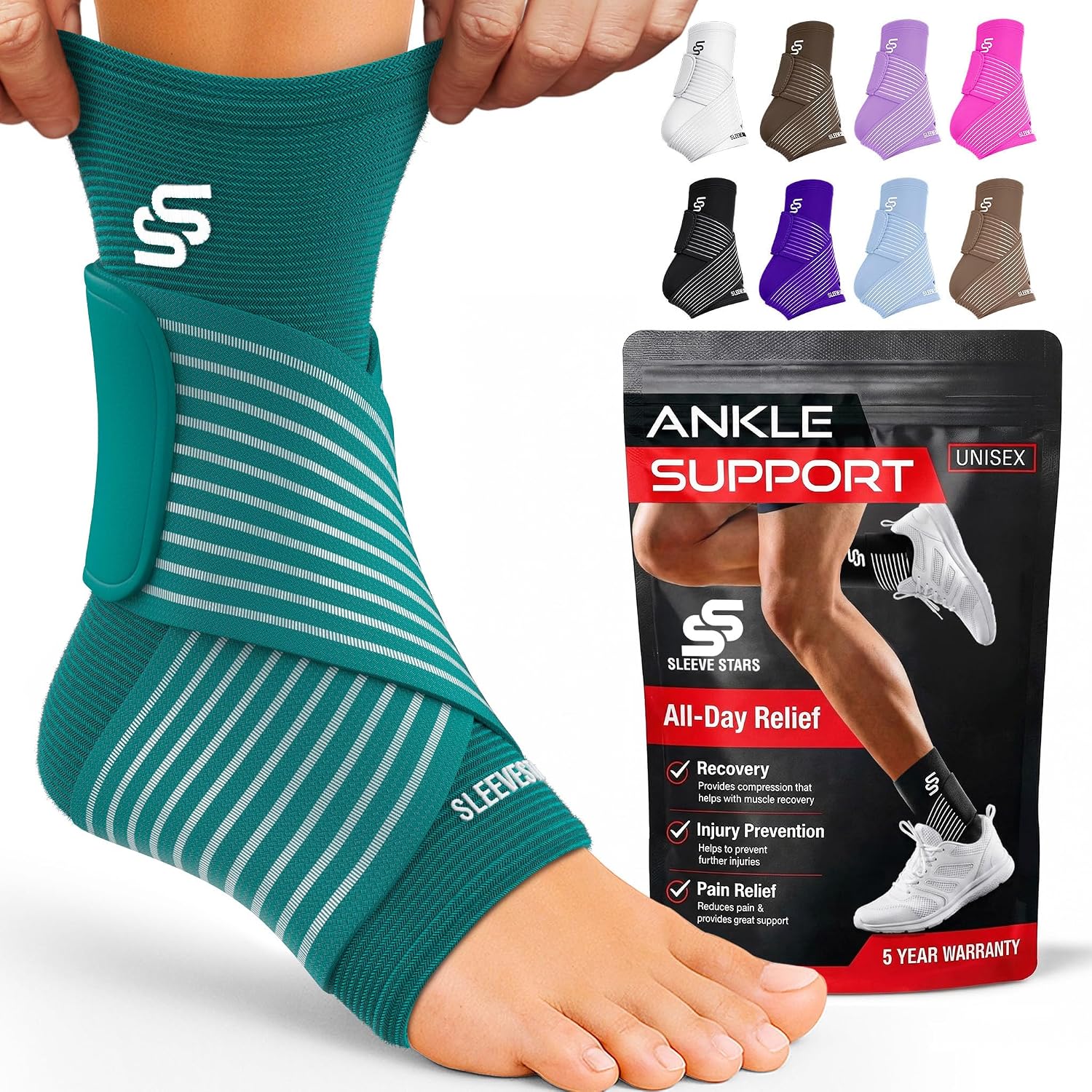 Sleeve Stars Ankle Brace for Women & Men, Ankle Wrap for Sprain, Compression Sleeve for Plantar Fasciitis Relief, Easy Customizable Support: w/ Removable Strap (Single/M:10"-12"/Black)