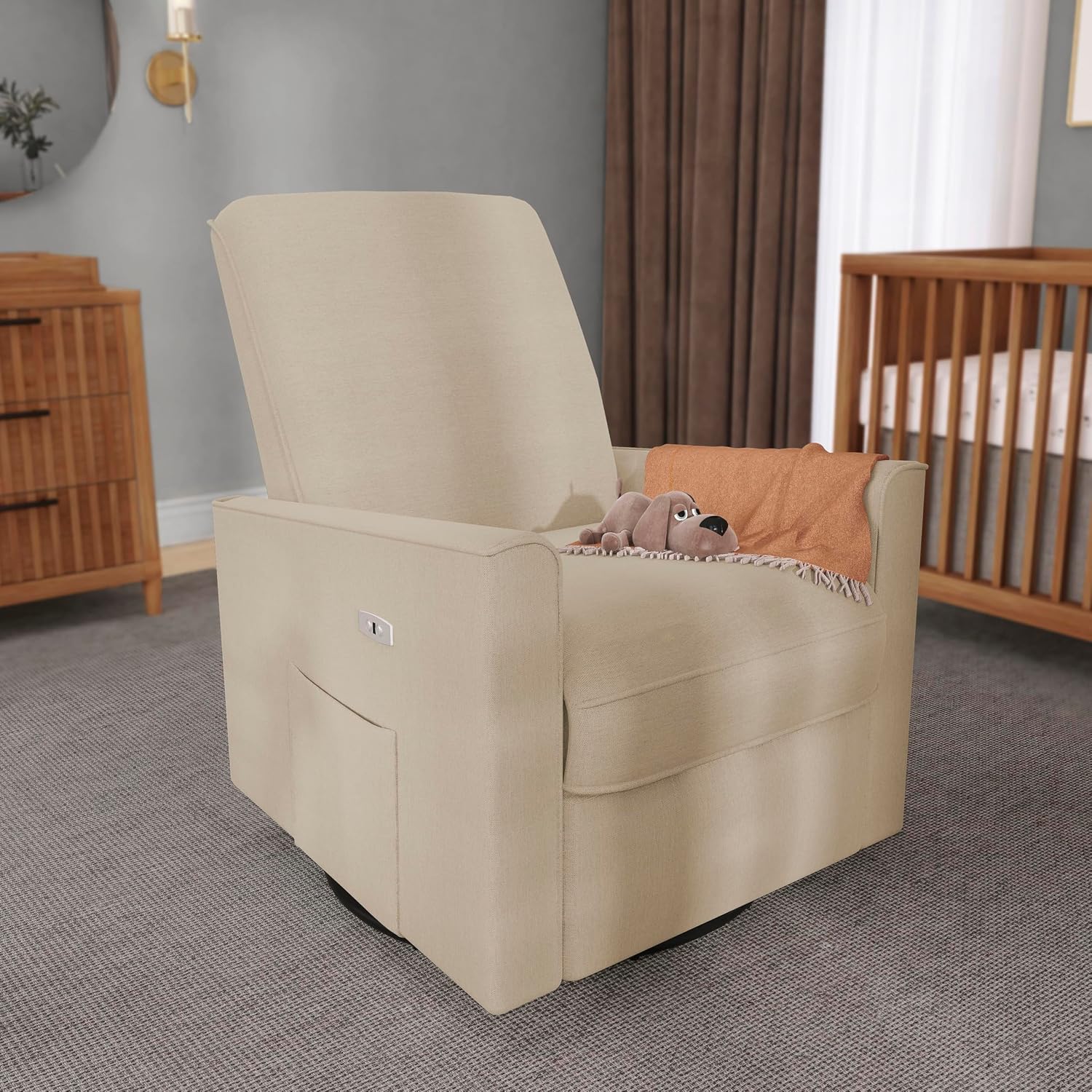 évolur Harlow Upholstered Power Glider Recliner with USB Charging – Rocking & 275° Swivel with Smooth Glide – Greenguard Gold & FSC
