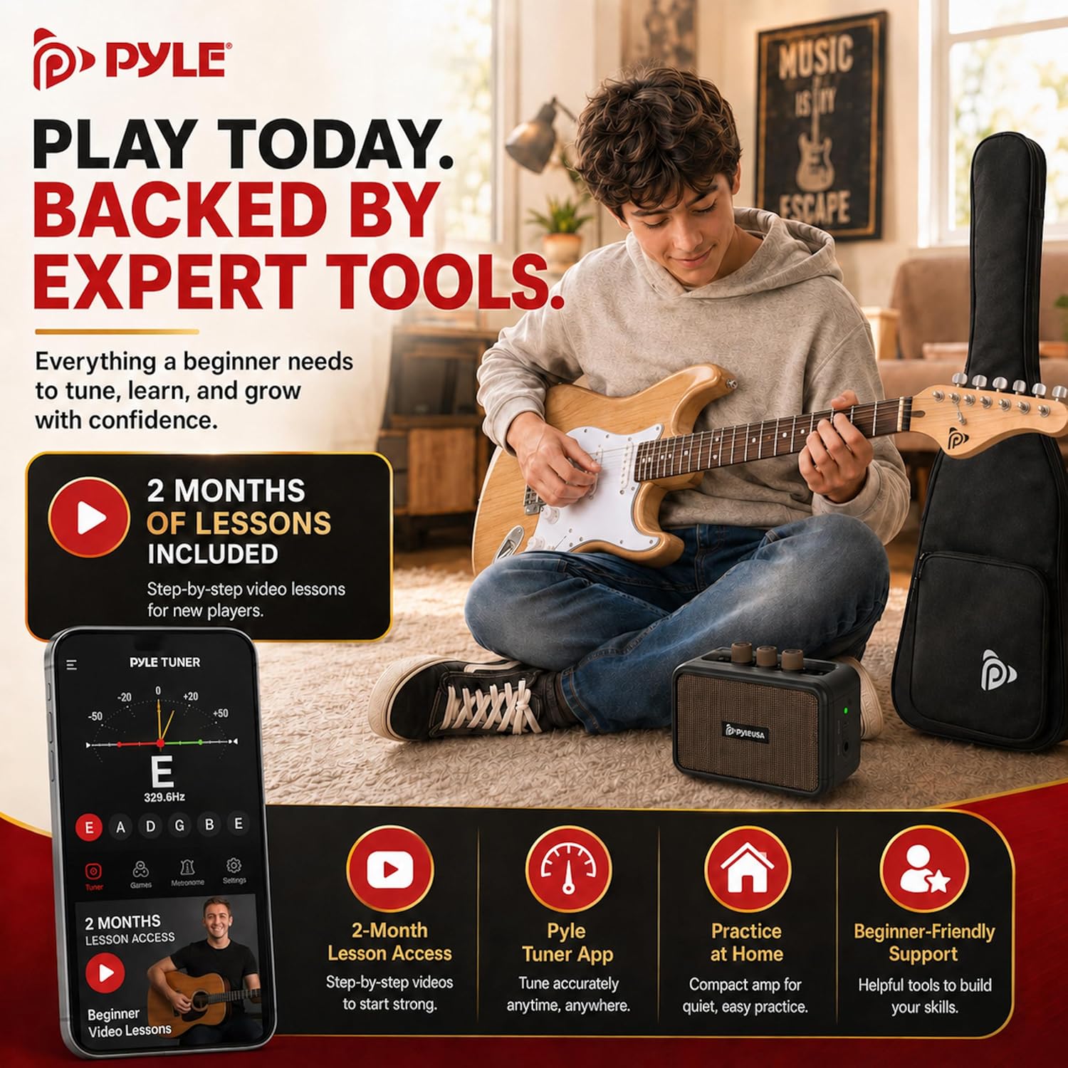 Pyle Electric Guitar and Amp Kit - Full Size 39" Complete Starter Kit with Wearable Bluetooth Amplifier, 1/4” Cable, Carry Case, Strap, Strings, Picks, Cleaning Cloth, ST-Style Pickups (Black)