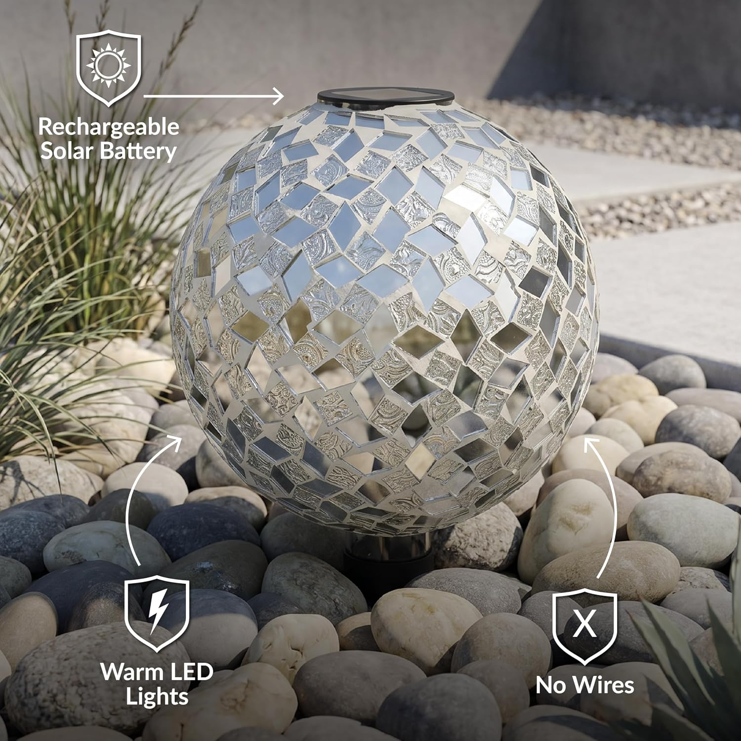 Sunnydaze Solar Gazing Ball for Garden, Mosaic Cool Blooms