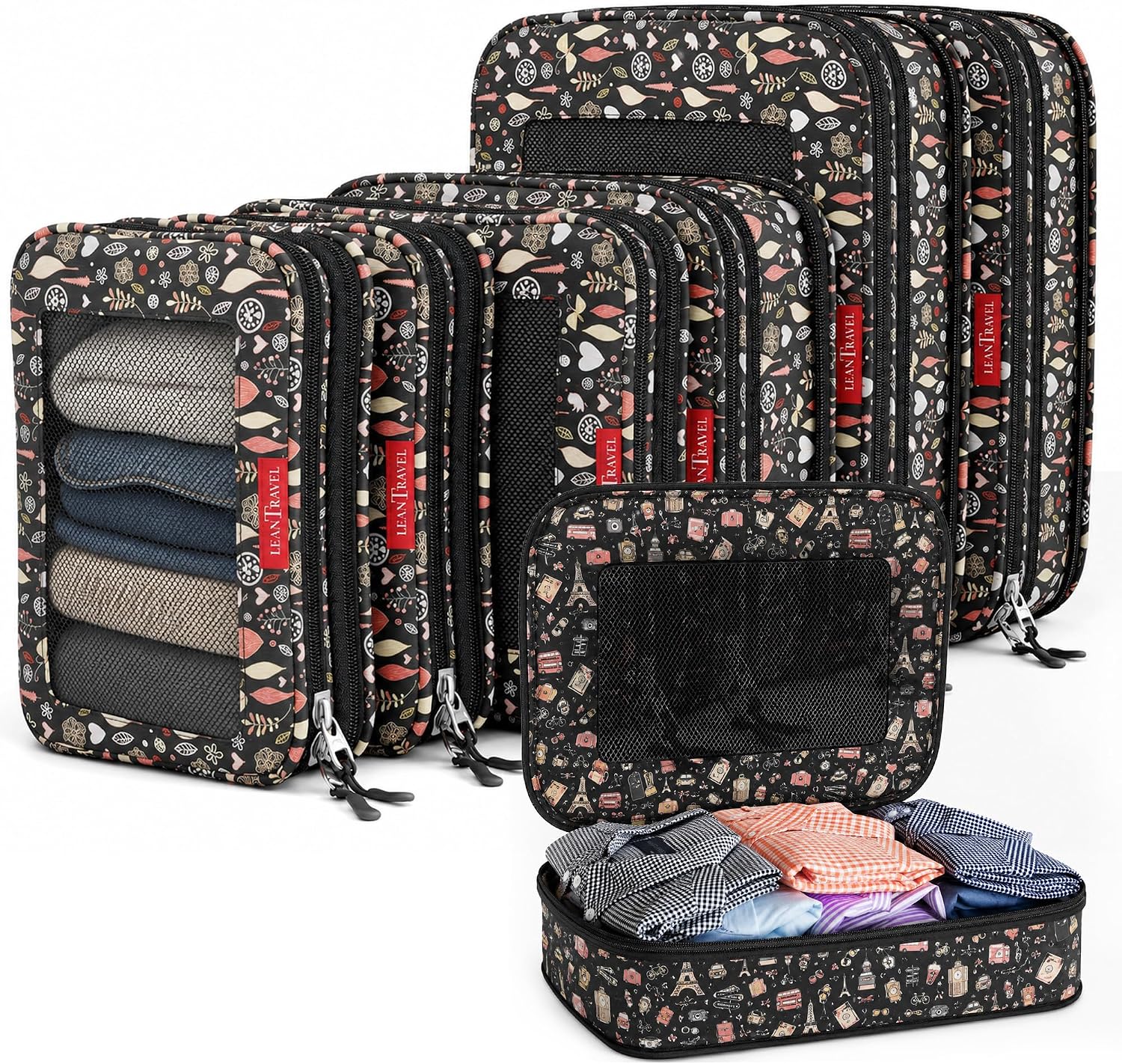 LeanTravel Premium Compression Packing Cubes for Travel - Suitcase Organizer Bags with Double Zipper & Breathable Mesh Panel - Space Saving Carry On Luggage Essentials (6-Pack, Grey)