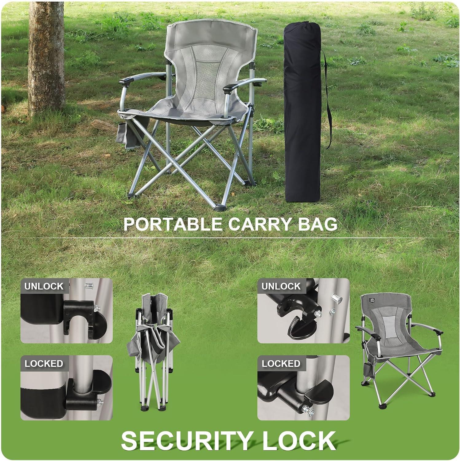 Lightweight Folding Hard Arm Camping Chair,Mesh Back,Heavy Duty,Padded Backpack Camp Chair w/Cup Holder,Cooler Bag for Adults Garden Parties,Grey