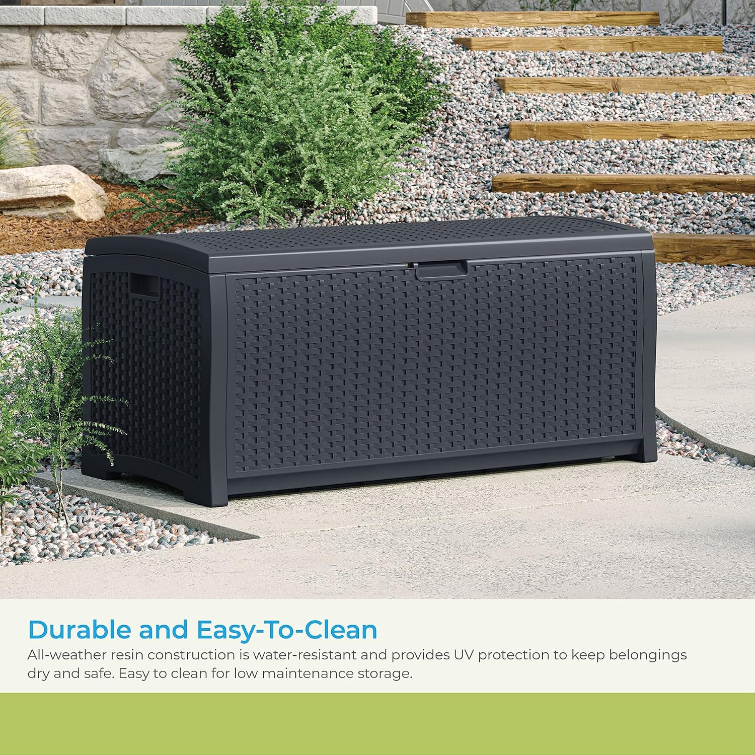 Suncast Outdoor Storage Box - 73 Gallon Mocha Brown Deck Box for Patio, weather-resistant Outdoor Storage Bench, Resin Wicker Style, Heavy-Duty, Lockable Lid for Cushions, Shoes, Pool & Garden Gear