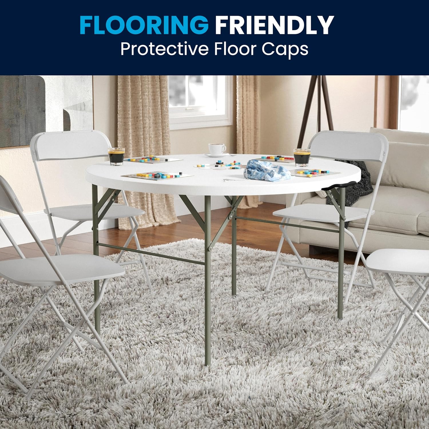 Flash Furniture 5-Foot Round Bi-Fold White Plastic Folding Table | Lightweight, Easy Storage, Commercial Grade, Carrying Handle