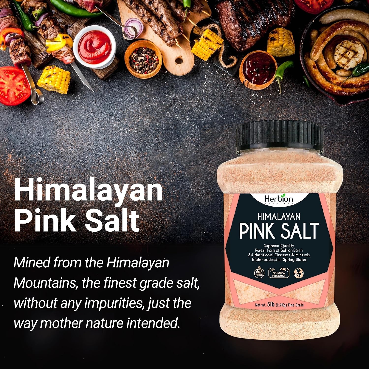 HERBION Naturals Himalayan Pink Salt Jar Fine Grain, GMO Free, Supreme Quality Chemical Free, Vegan, Kosher Certified, Fine Grain All Natural Salt