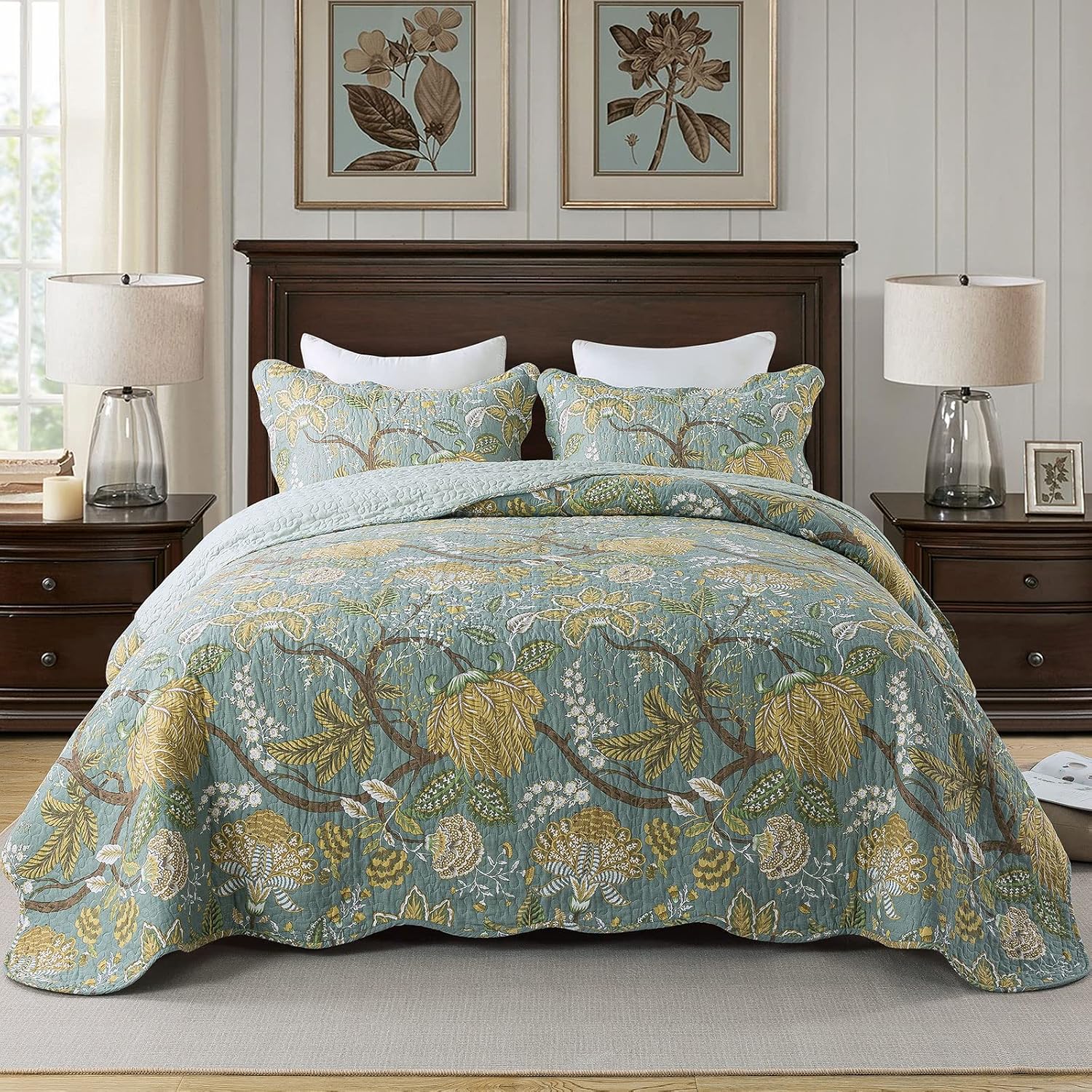 Travan Queen Quilt Set 3-Piece Bedspread Quilted Oversized Lightweight Microfiber Coverlet Set with Shams Violet Purple Floral Pattern Quilted