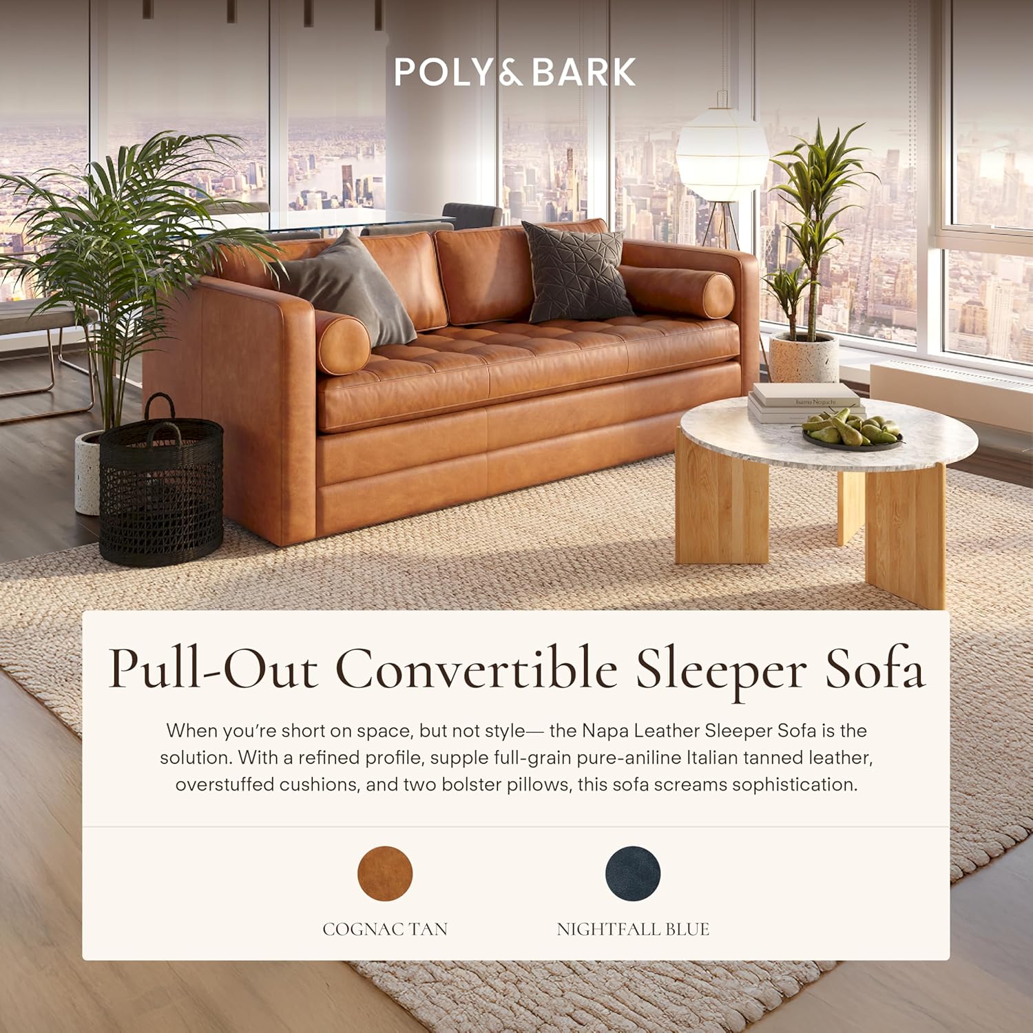 Poly & BARK 55" Tufted Leather Bed Bench for Bedroom End of Bed - Living Room Entry Way Bench - Pure Italian Leather Upholstery with a Solid Wood Frame - Ottoman Bench with Wooden Legs - Cognac Tan
