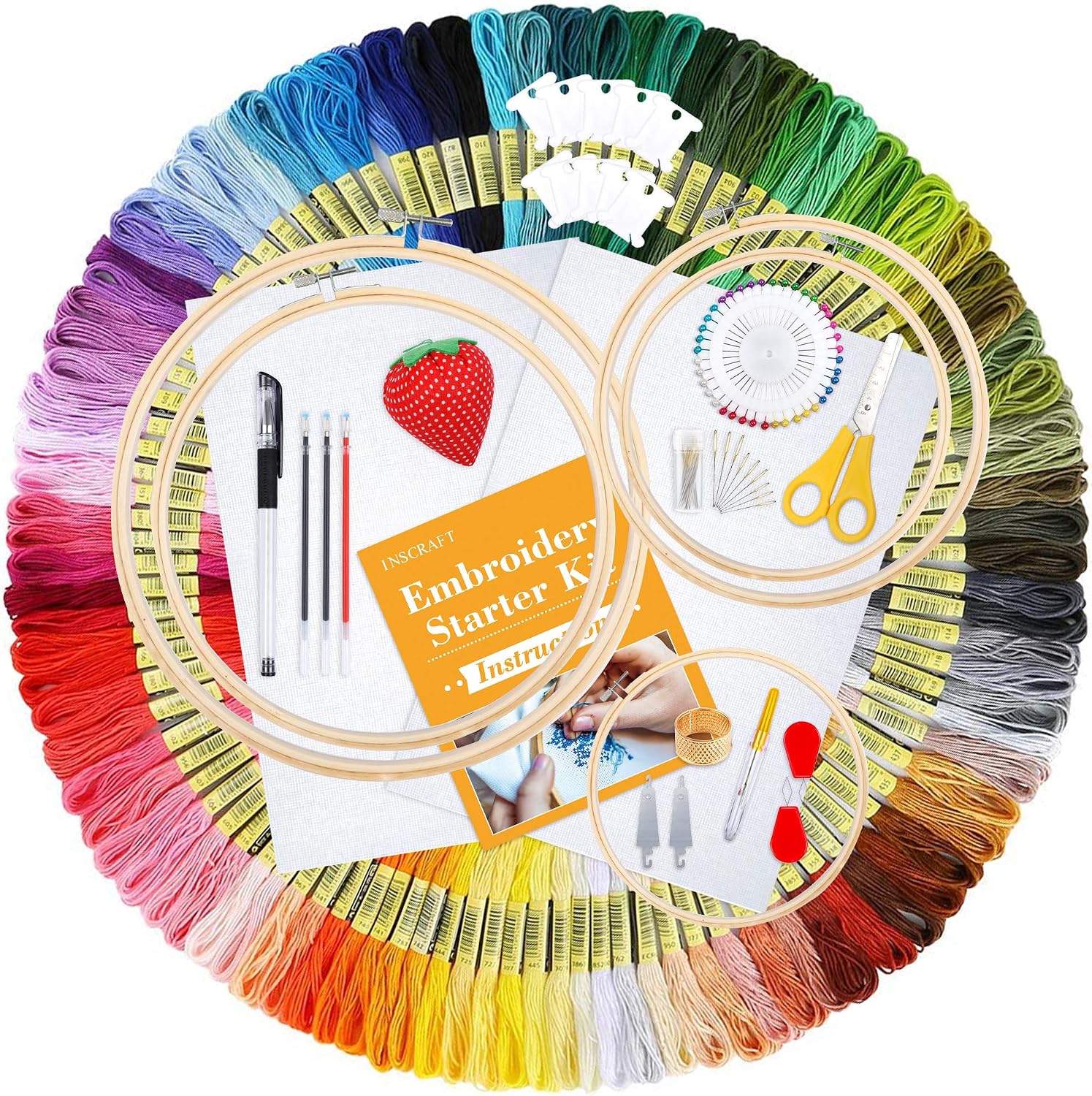 INSCRAFT 304 Pack Embroidery Kit, 200 Colors Threads, 5 Pcs Bamboo Embroidery Hoops, 2 Pcs Aida Cloth, Instructions, Bag and Cross Stitch Tools Set