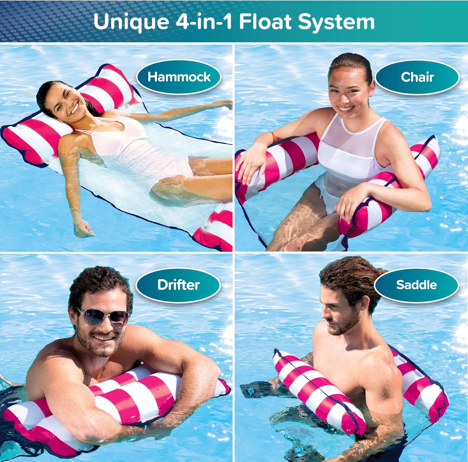 Aqua 4-in-1 Monterey Hammock Pool Float & Water Hammocks – 2-3-4 Multipacks – Multiple Colors/Styles – for Adults and Kids Floating