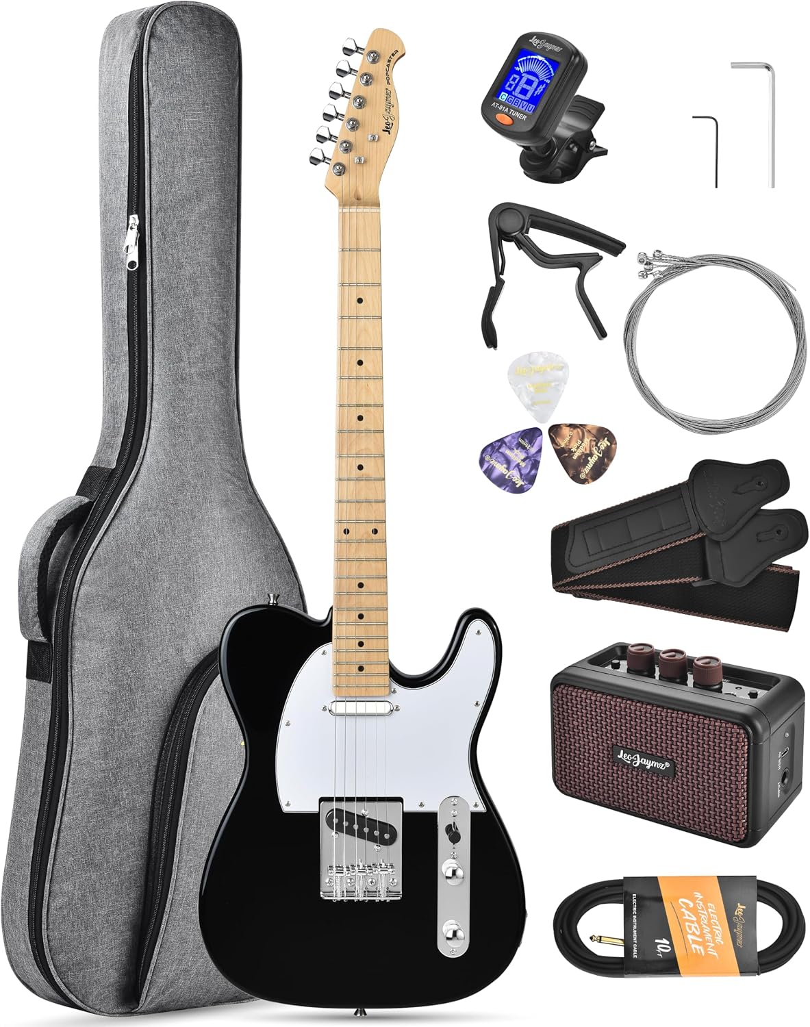 Leo Jaymz Beginner Electric Guitar Complete Kit with Portable Amp, Padded Gig Bag & Full Accessories, Maple Neck (TL-White)