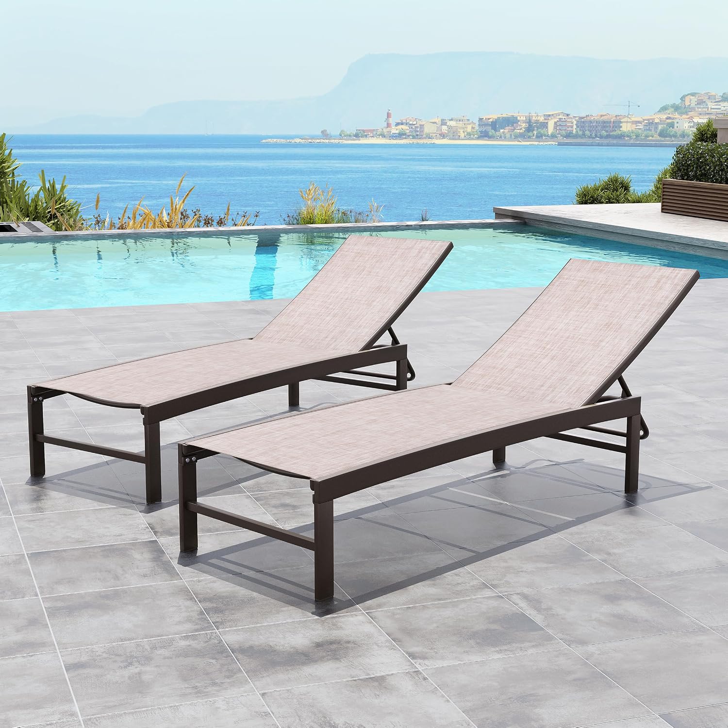 Crestlive Products Outdoor Pool Lounge Chairs Set of 2 with Side Table, Adjustable Five-Position Recliner for Beach, Pool, Sunbathing, Lawn