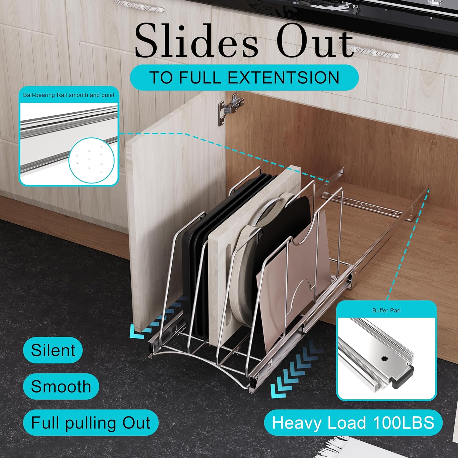 Pull Out Cookie Sheet Organizer, 11" W x 22" D x 11.8" H, Chrome