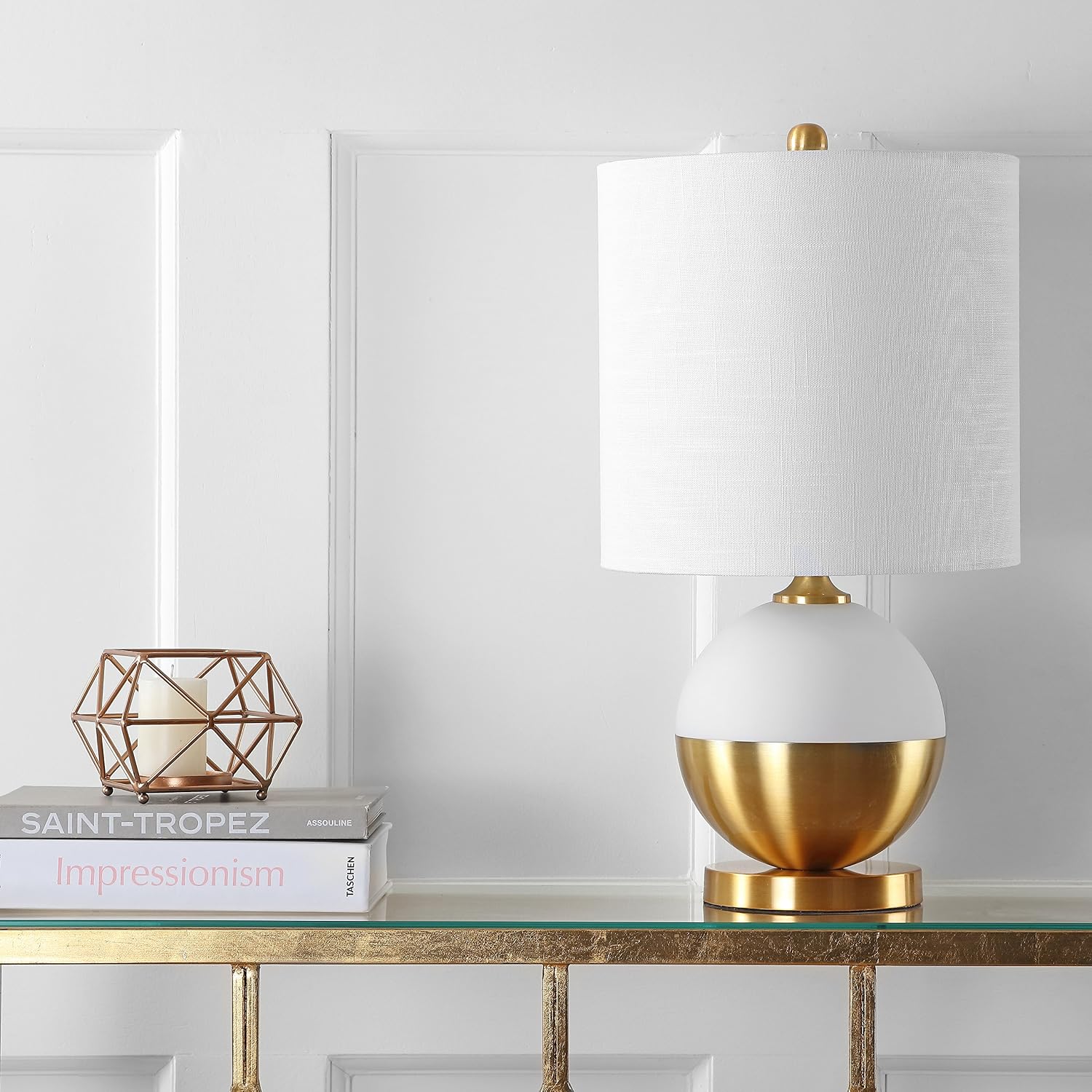 JONATHAN Y Carr Modern Table Lamp Ceramic Metal 23.5", White/Brass Gold | Contemporary Glam Nightstand Bedroom Desk Light, Linen Drum Shade, Silk Cord