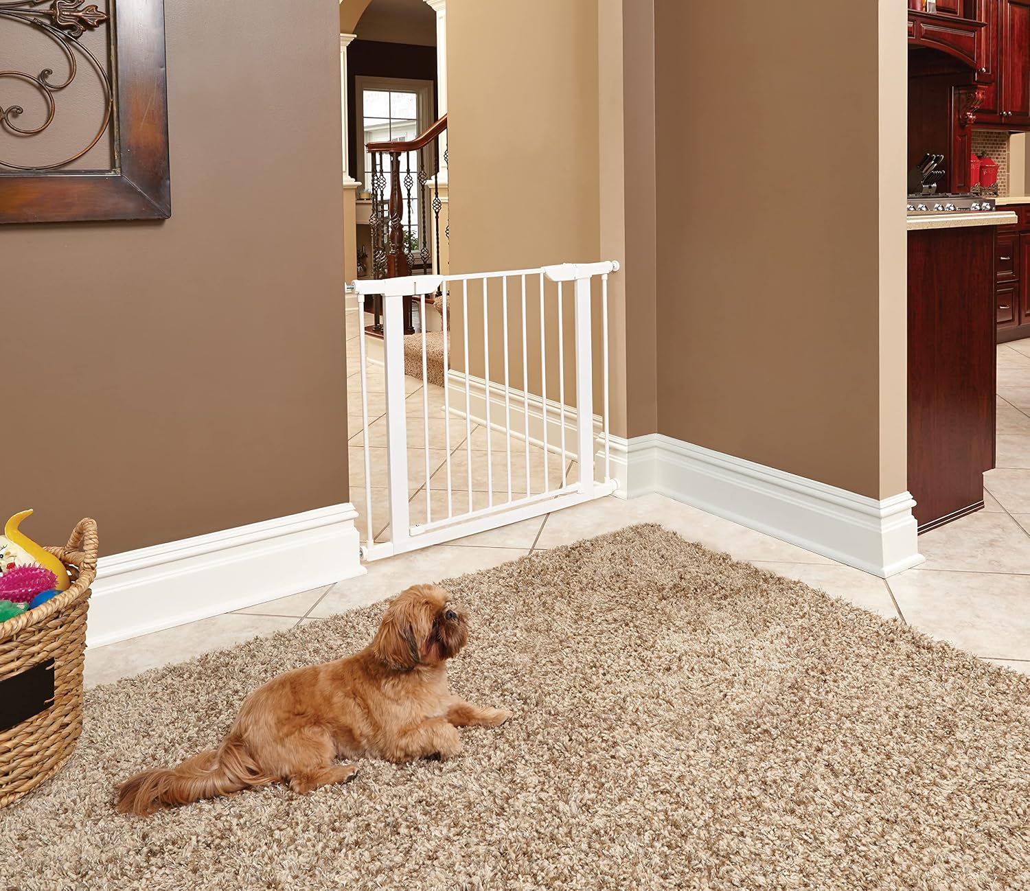 Midwest Homes 39-Inch Steel Walk-Thru Dog Gate, Expands to 38" | Pressure Mounted, Expands 29.5"- 38" Wide, Auto-Close Door, Spring-Loaded Latch, Includes Two 3" Extensions
