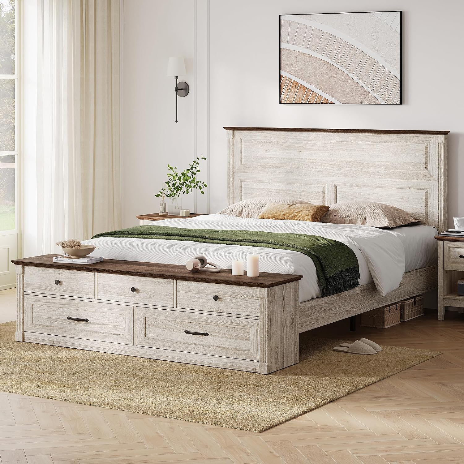 LINSY Storage Bed Frame Queen Bedframe with Drawers, Farmhouse Bed Frame Queen-Size with Headboard and Footboard Bench