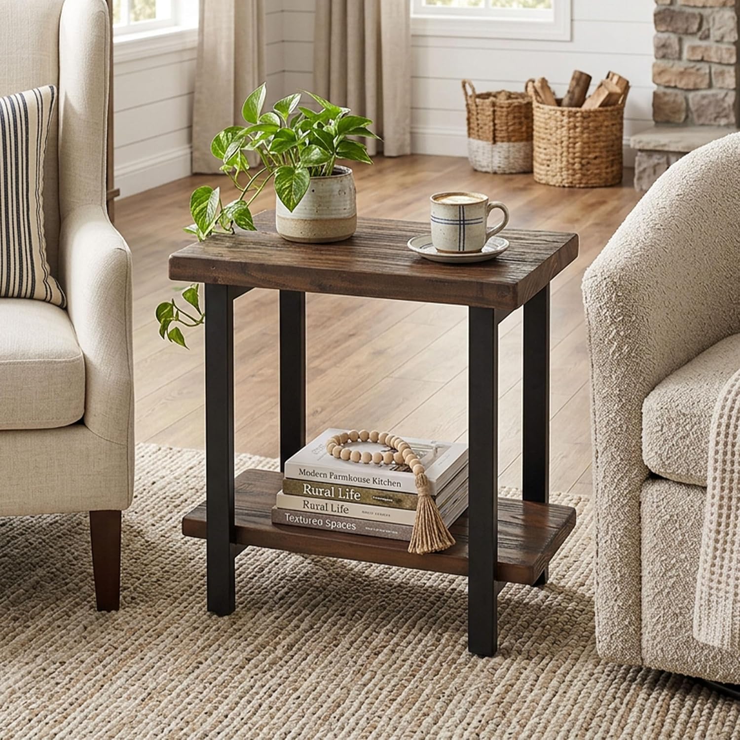 Alaterre Furniture Pomona Solid Wood 2-Tier End Table, Rustic Brown, 27” | Nightstand with Storage Shelf and Metal Legs, Industrial Farmhouse Chair Side Table for Living Room or Bedroom