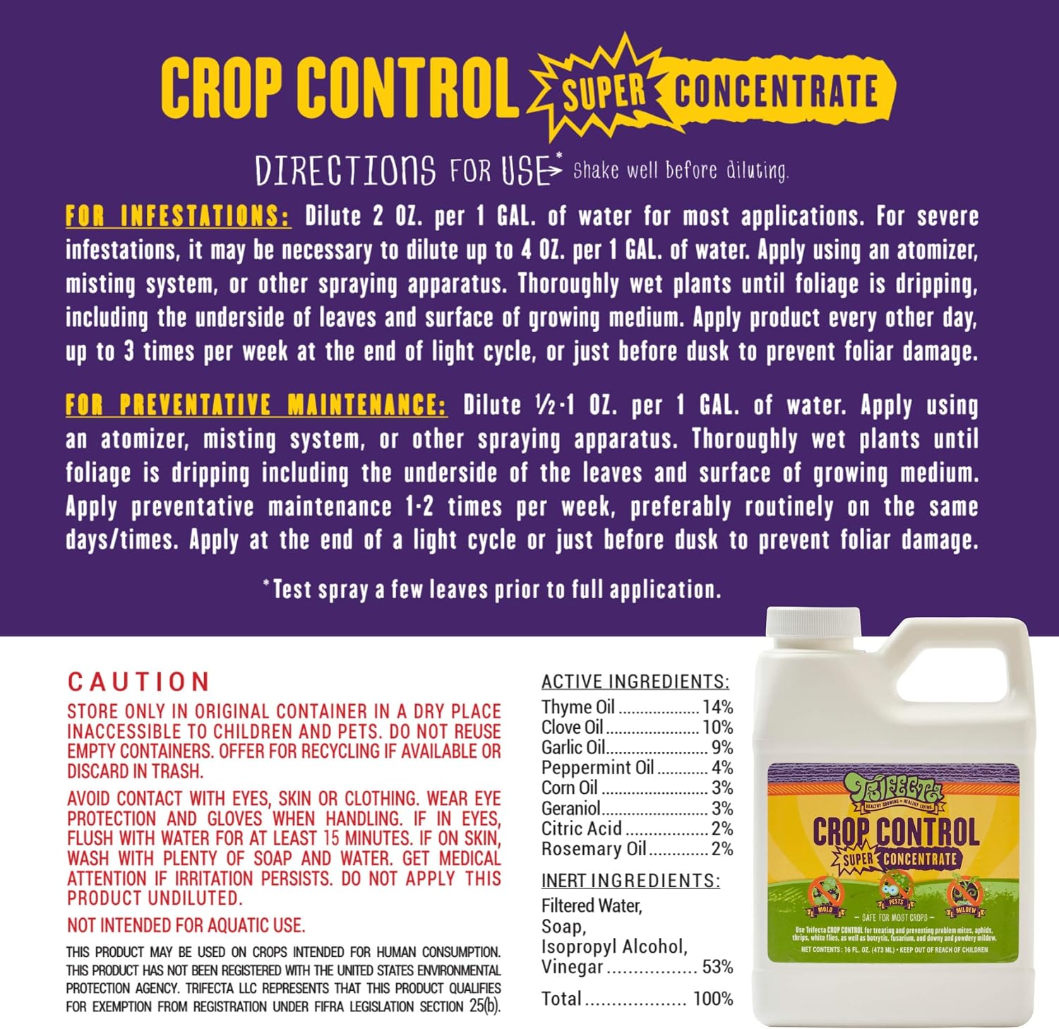 Trifecta Crop Control Super Concentrate | 4 oz | All-in-One Pesticide, Fungicide, Miticide And Insecticide | For Spider Mites, Mildew, Mold And Botrytis