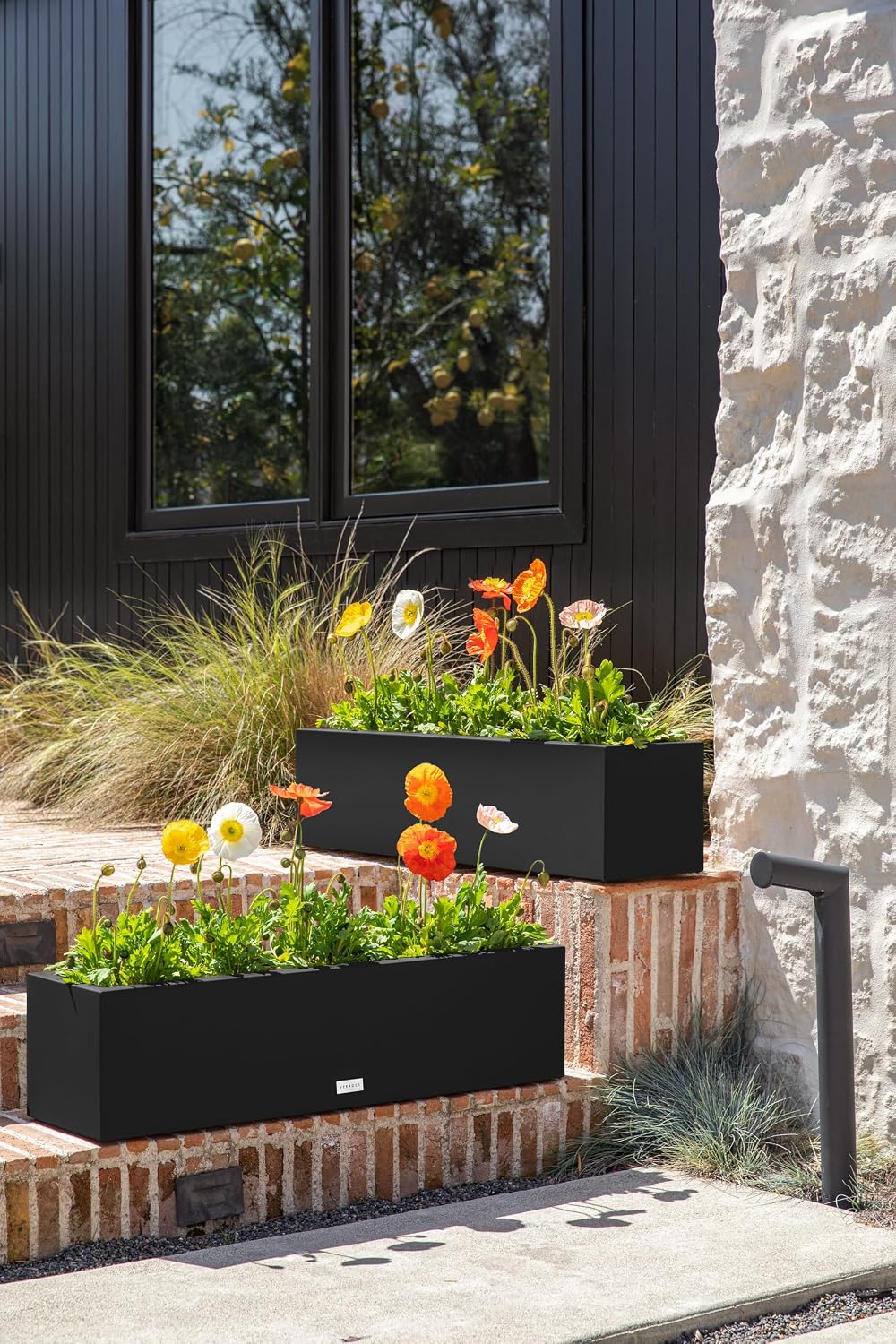 Veradek Block Series Trough Planter - Rectangular Outdoor Window Box | Made From Durable Plastic With Double-Walled Construction. Modern Patio/Tabletop Décor for Plants and Flowers