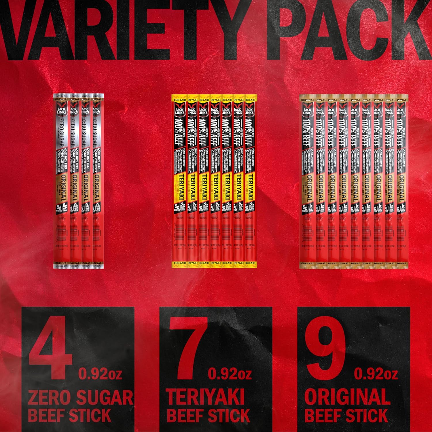 Jack Link's Original Beef Jerky Sticks - Made with 100% Real Beef - Ready to Eat Real Meat Protein Snacks - 6g Protein per Serving - 0.92 oz Meat Stick, 20 Count