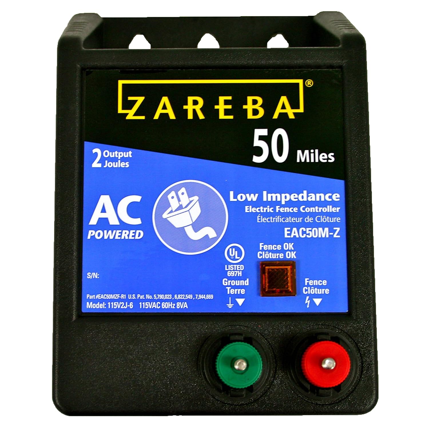 Zareba 50 Mile AC-Powered Low Impedance Electric Fence Charger | 2.0 Joule Output, Contain Cattle, Horses, Pigs, Goats, Use in Heavy Weed Conditions, Lightning Protection, EAC50M-Z