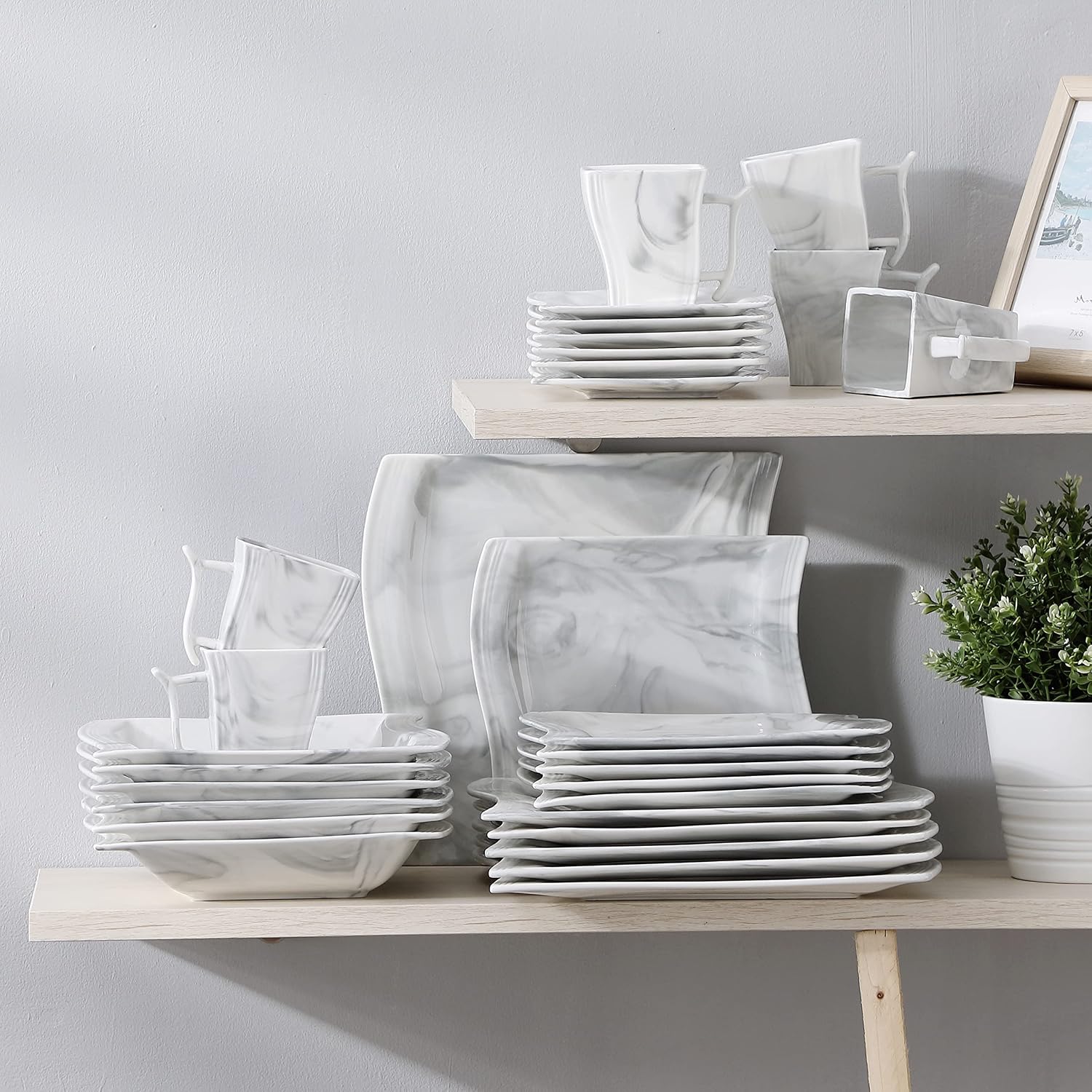 MALACASA Plates and Bowls Sets, 26 Pieces Ivory White Porcelain Dinnerware Sets without Mugs, Square Dinnerware with Dinner Plates, Bowls and Serving Platters, Modern Dish Set for 6, Series Flora