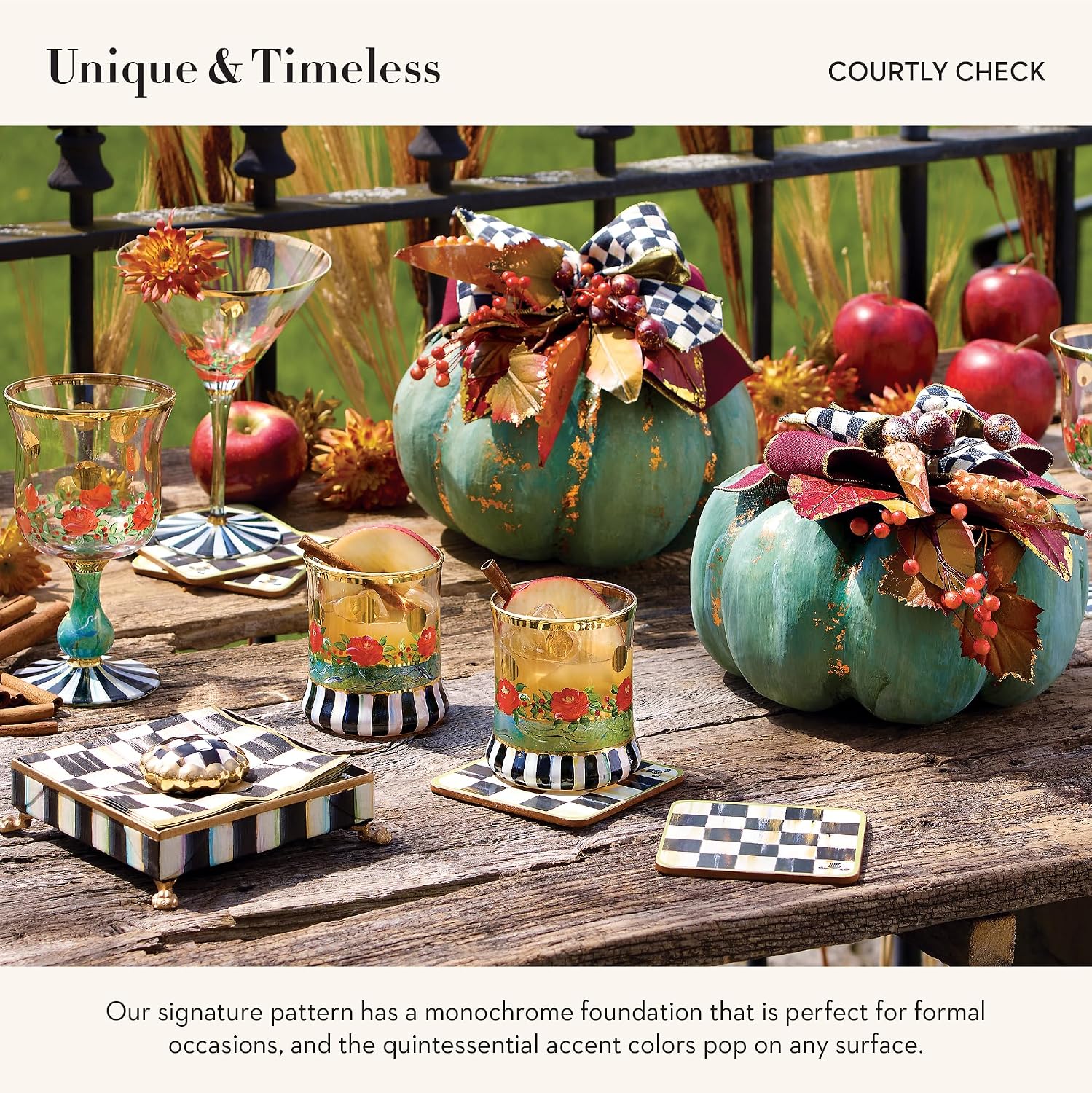 MACKENZIE-CHILDS Square Coasters Set, Black-and-White Courtly Check | Hand-painted design, made from MDF with a cork back, table coasters for drinks, 4" square, set of 4